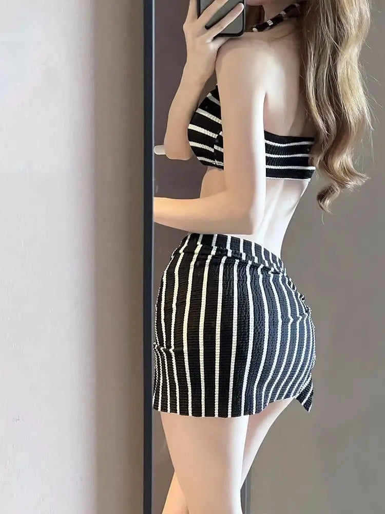 2026 New Women's Black Striped Halter Bikini Set Push Up for Small Chests Split Resort Swimwear for Hot Springs Beach Vacation