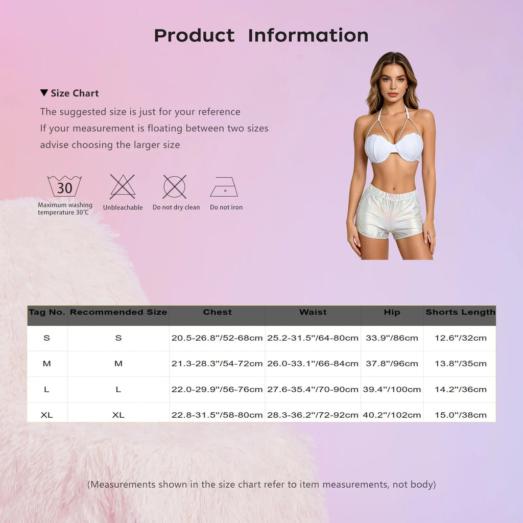 Women Metallic Shiny Swimwear Tankini Set Halter Shell Shaped Bikini Bra Top And Booty Shorts for Nightclub Fitness Beach Cruise