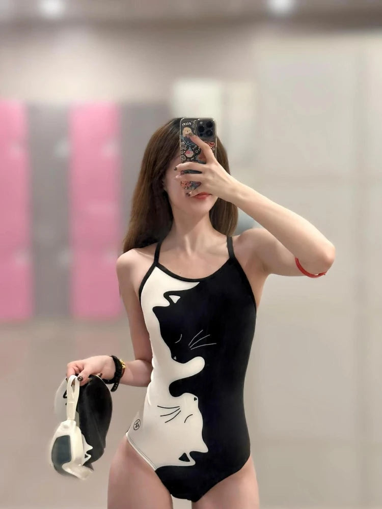 Black White Kitten Print Women's One Piece Swimsuit Racerback Racing Swimwear Thin Strap Professional Training Bathing Suit