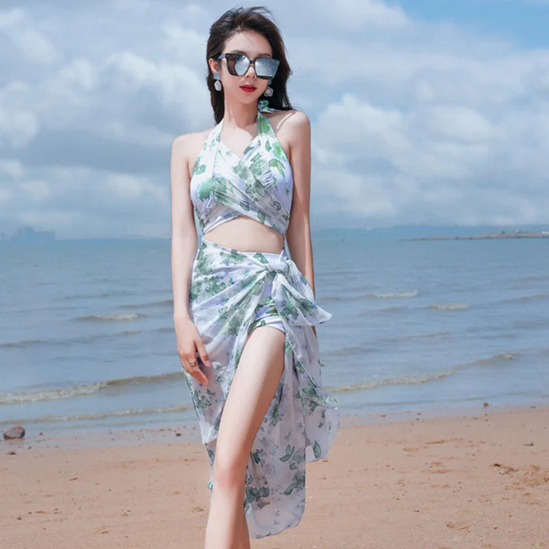 New Fashion Triangle Bikini 3PCS Swimwear Female Chiffon Skirt Bathing Suits for Holiday Beach Party