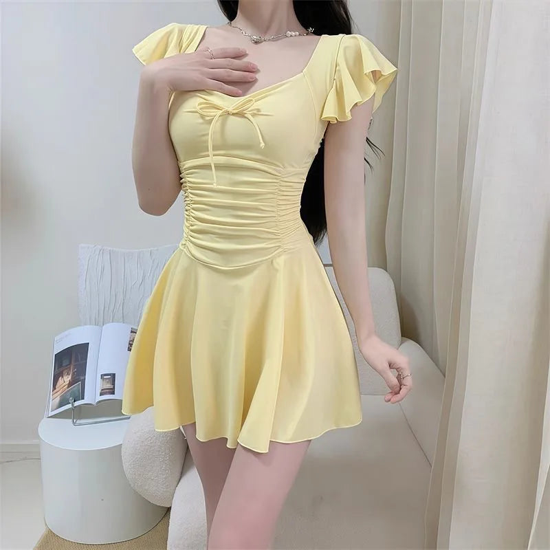 2026 Women Open Back Short Sleeve Swimsuit Solid Color Slimming Bathing Suit with Padding Thermal Spa Hot Spring Swimwear