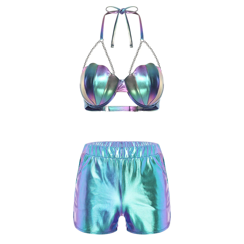 Women Metallic Shiny Swimwear Tankini Set Halter Shell Shaped Bikini Bra Top And Booty Shorts for Nightclub Fitness Beach Cruise