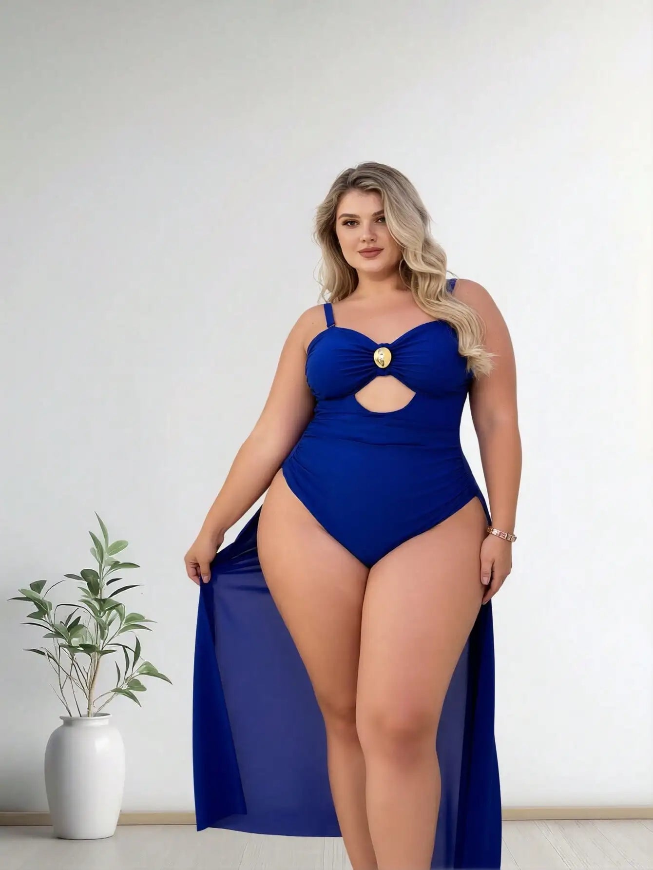2026 New Plus Size Royal Blue One-Piece Swimsuit Women's Cutout Ruched Tummy Control Bathing Suit With Gold Accent For Beach Vacation, Push-Up & Slim Fit