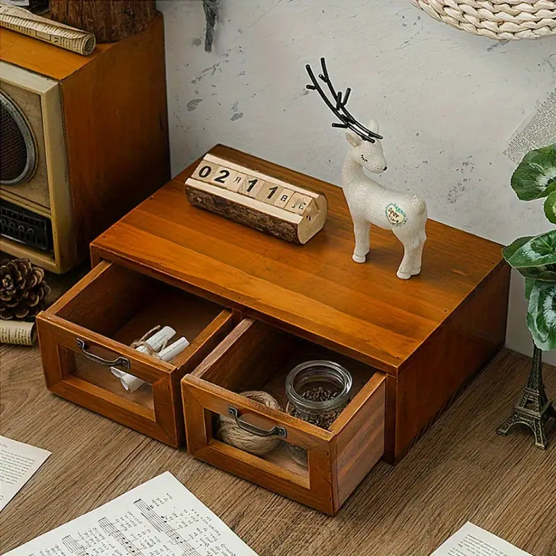 Vintage Wooden Desk Organizer with Glass Drawer - Double Drawer Size