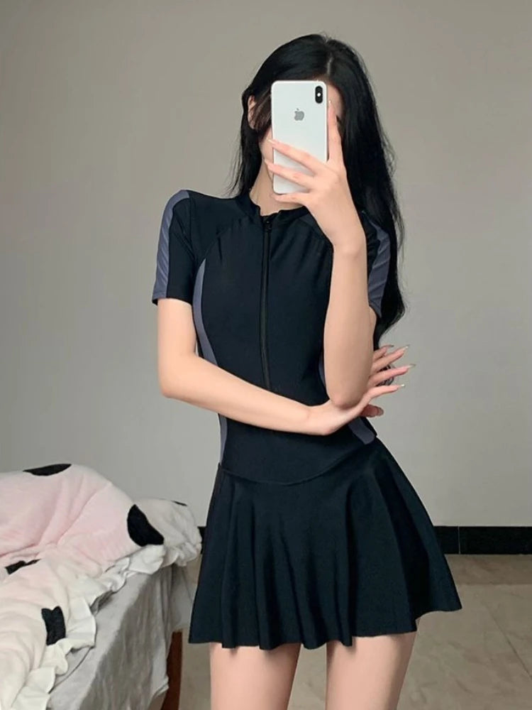 2026 New Women's Modest One Piece Swimsuit Skirted Tummy Control Swimwear Boyleg Sport Bathing Suit for Teen Girls SPA Beachwear
