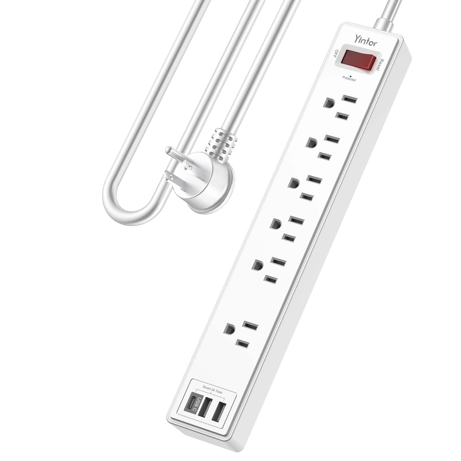Yintar 10Ft Surge Protector Power Strip with 6 Outlets & 3 USB Ports, Black | 10 Feet Flat Plug Extension Cord with Multiple Outlets for Home, Office, Dorm Essentials, 1680 Joules, ETL Listed