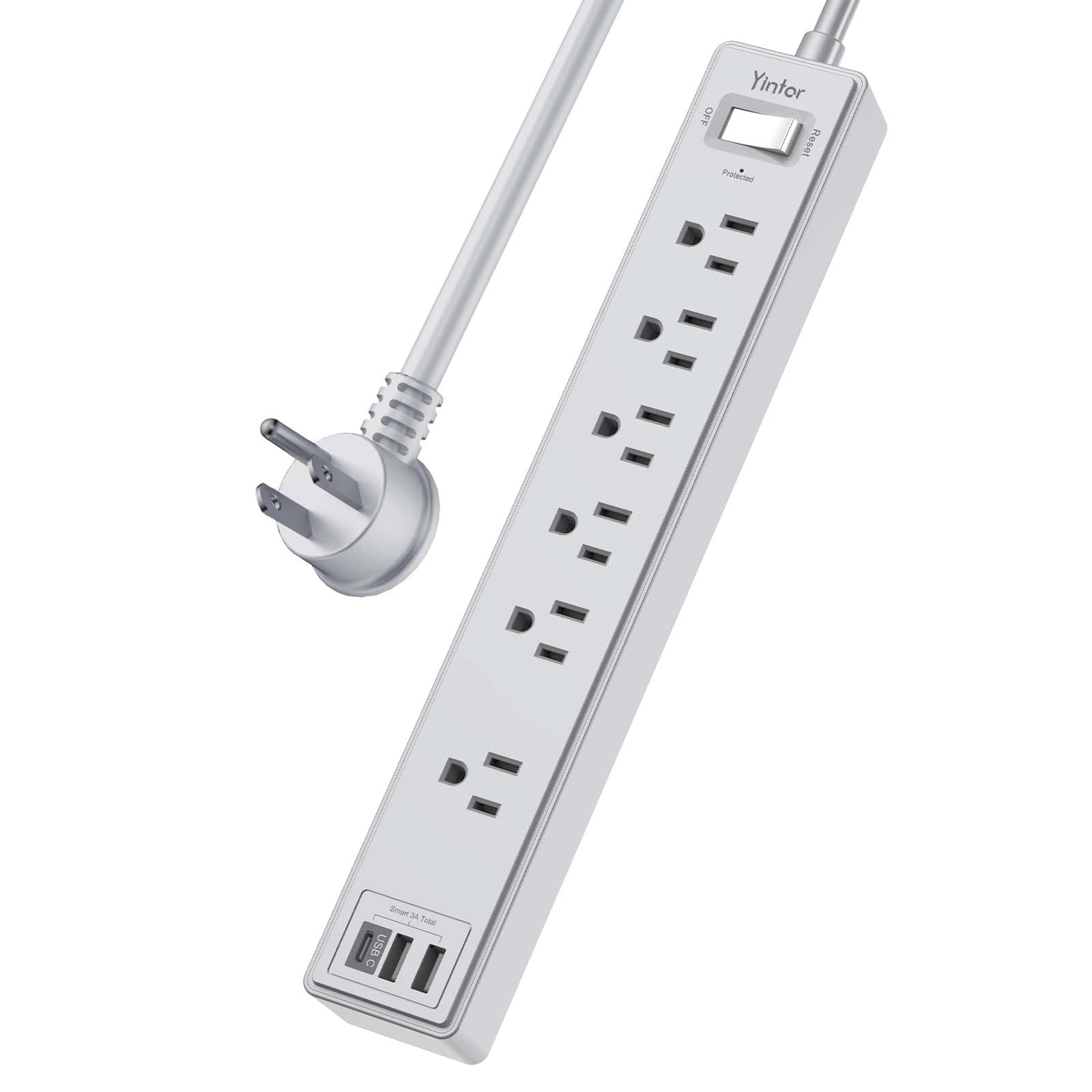 Yintar 10Ft Surge Protector Power Strip with 6 Outlets & 3 USB Ports, Black | 10 Feet Flat Plug Extension Cord with Multiple Outlets for Home, Office, Dorm Essentials, 1680 Joules, ETL Listed