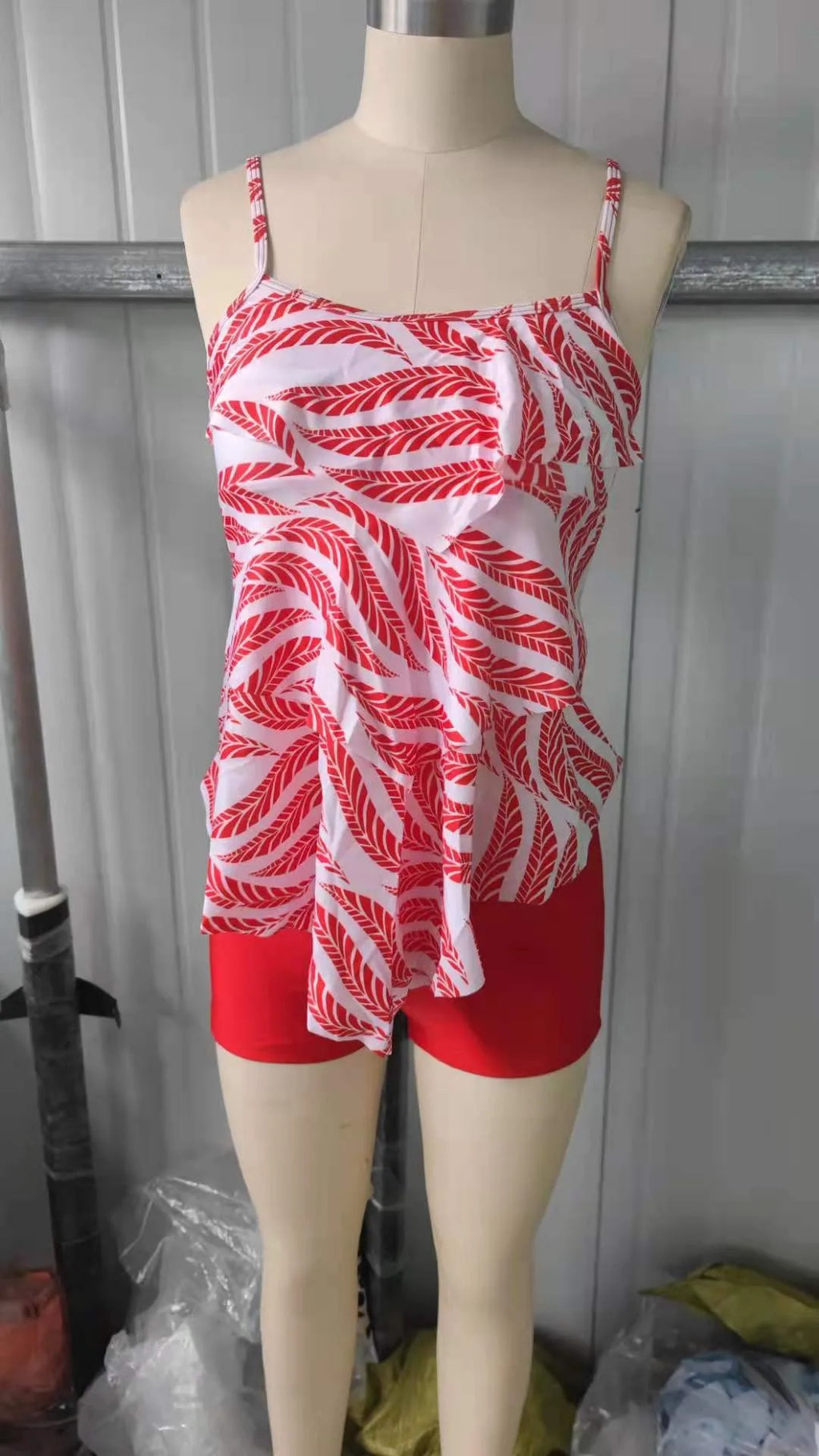 Woman Bikini Floral Print Tankini With Shorts High Waist Shorts Spaghetti Straps Swimwear Ruffle Trim Top Two Piece Swimsuit