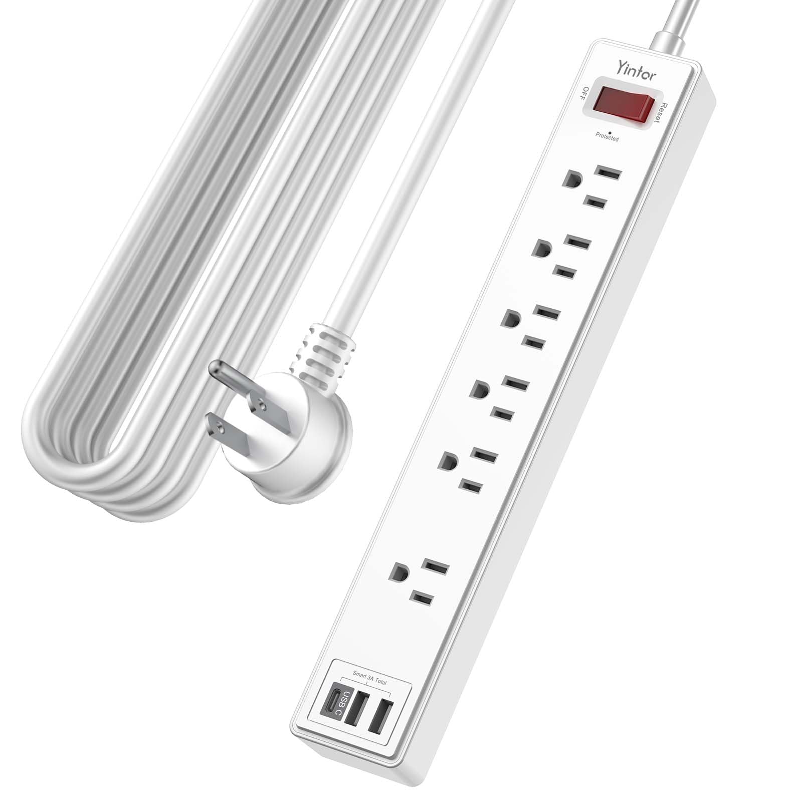 Yintar 10Ft Surge Protector Power Strip with 6 Outlets & 3 USB Ports, Black | 10 Feet Flat Plug Extension Cord with Multiple Outlets for Home, Office, Dorm Essentials, 1680 Joules, ETL Listed