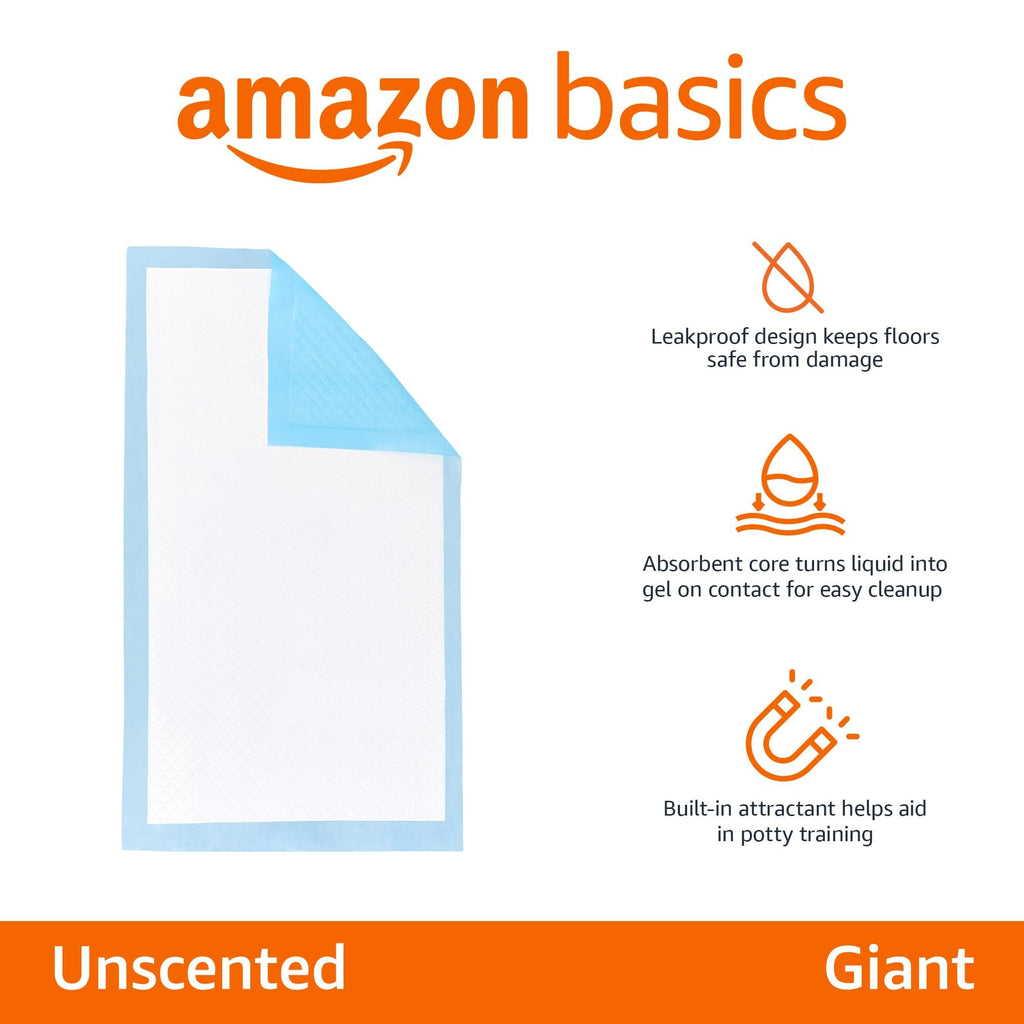 Amazon Basics Leak-Proof Dog and Puppy Potty Training Pee Pads with Quick-Dry 5-Layer Super Absorbent Design, Regular Size 22 x 22 inch, Blue & White, 100 Count