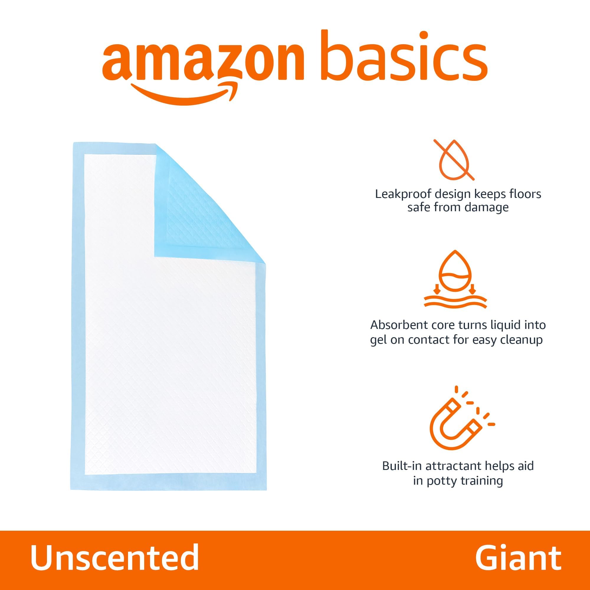 Amazon Basics Leak-Proof Dog and Puppy Potty Training Pee Pads with Quick-Dry 5-Layer Super Absorbent Design, Regular Size 22 x 22 inch, Blue & White, 100 Count