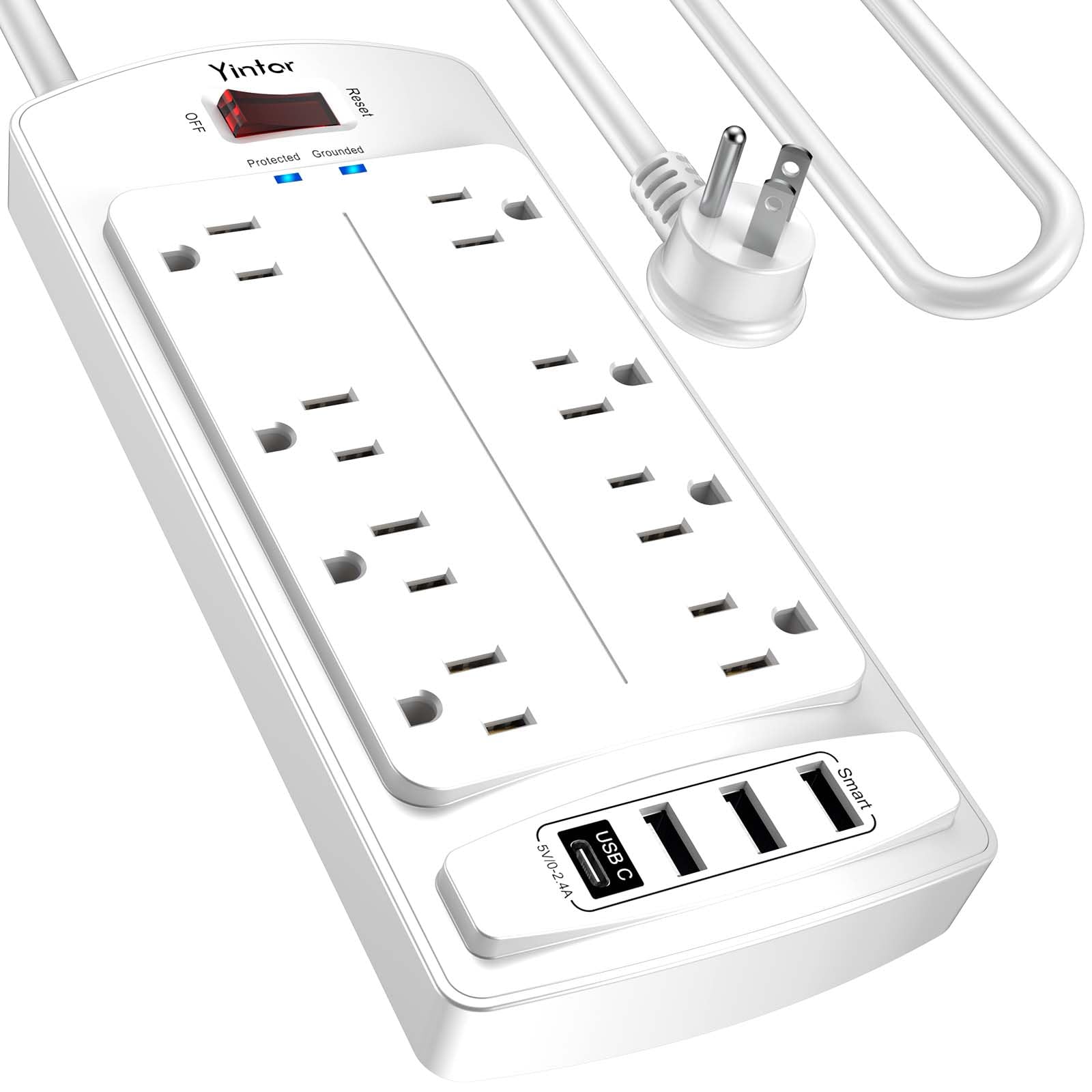 Yintar 10Ft Surge Protector Power Strip with 6 Outlets & 3 USB Ports, Black | 10 Feet Flat Plug Extension Cord with Multiple Outlets for Home, Office, Dorm Essentials, 1680 Joules, ETL Listed