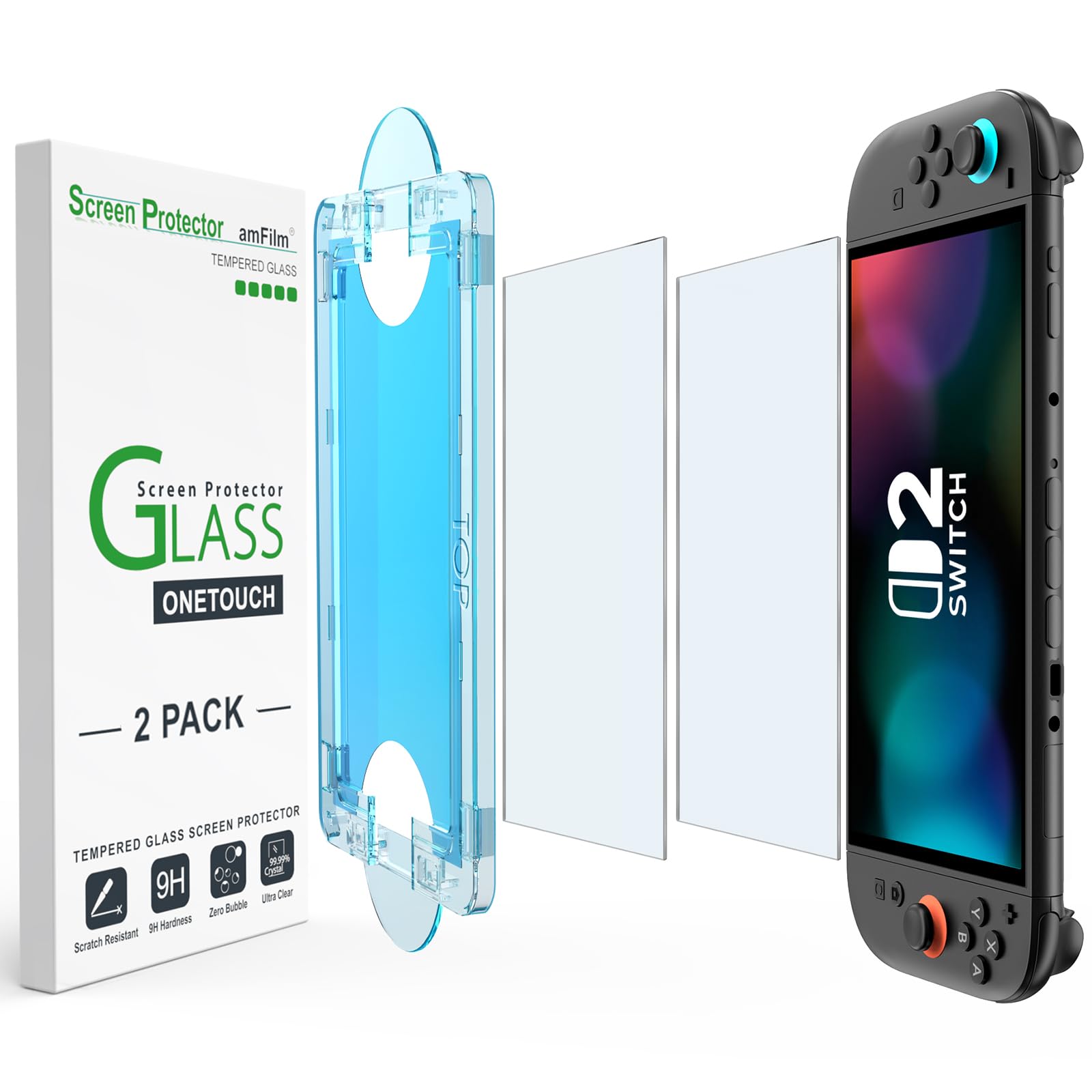 amFilm Auto-Alignment OneTouch for Nintendo Switch 2 Screen Protector 2025 | Tempered Glass Accessories, 30s Install, Bubble Free, Scratch & Drop Resistant, Touch Sensitive, 7.9'' Transparent [2 Pack]