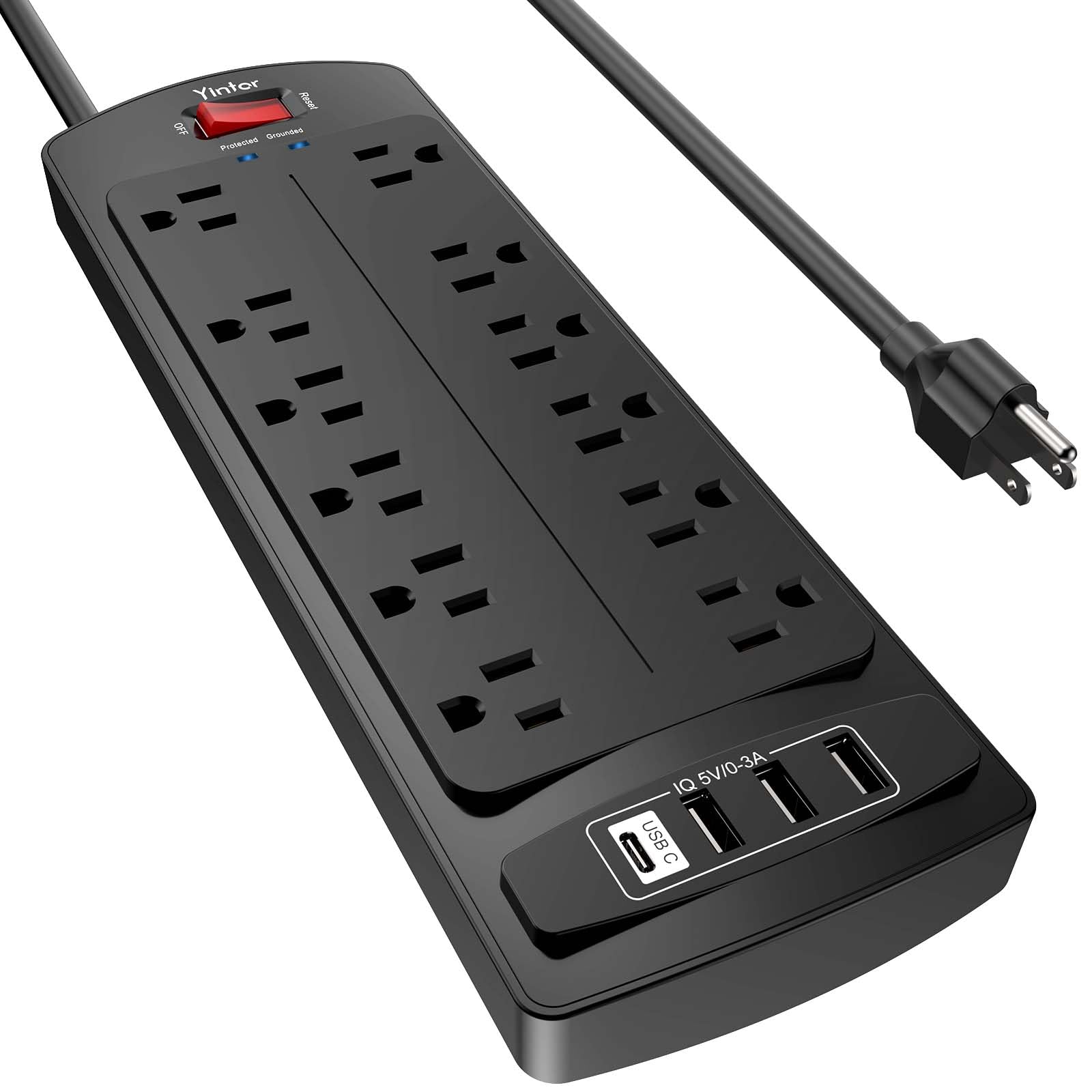 Yintar 10Ft Surge Protector Power Strip with 6 Outlets & 3 USB Ports, Black | 10 Feet Flat Plug Extension Cord with Multiple Outlets for Home, Office, Dorm Essentials, 1680 Joules, ETL Listed