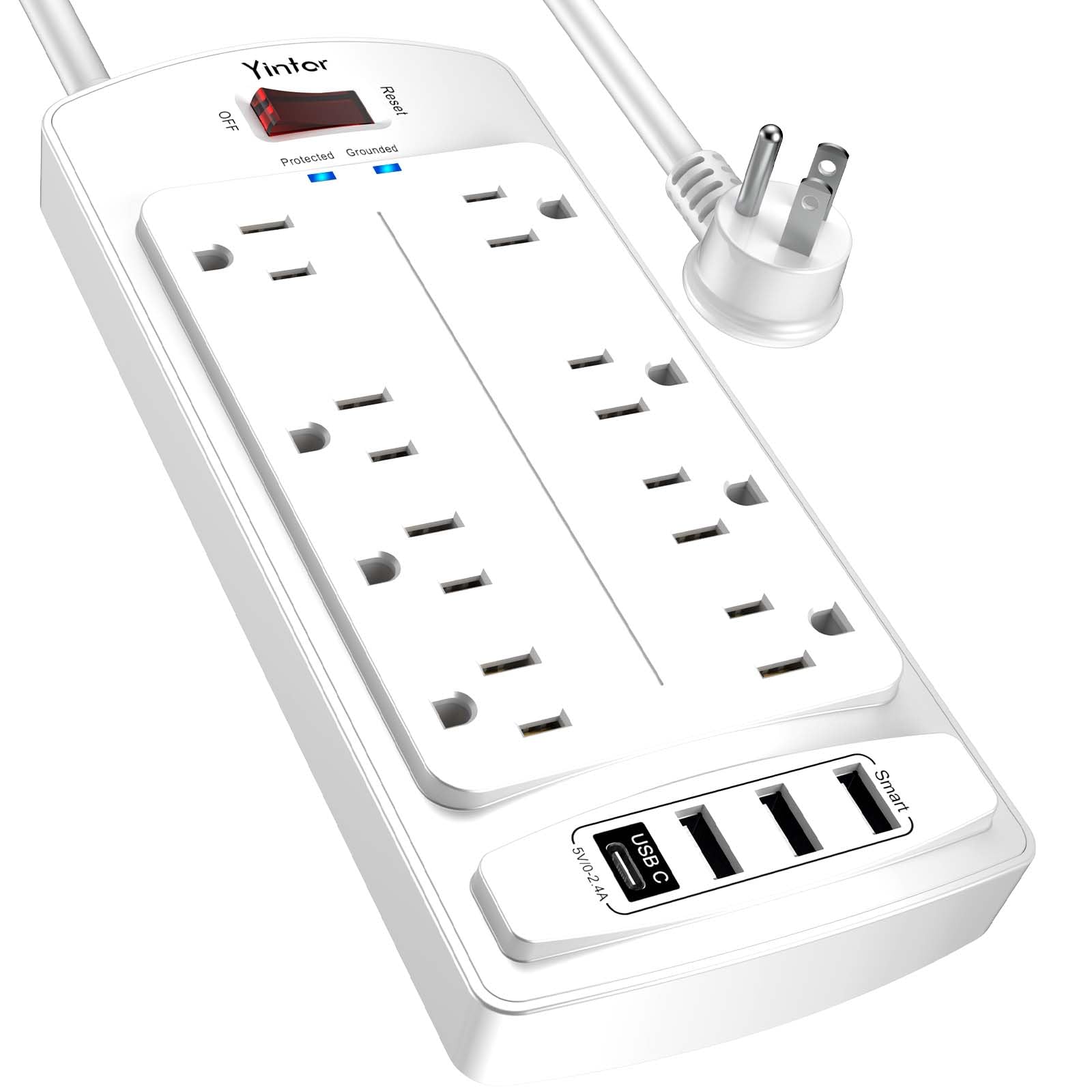 Yintar 10Ft Surge Protector Power Strip with 6 Outlets & 3 USB Ports, Black | 10 Feet Flat Plug Extension Cord with Multiple Outlets for Home, Office, Dorm Essentials, 1680 Joules, ETL Listed