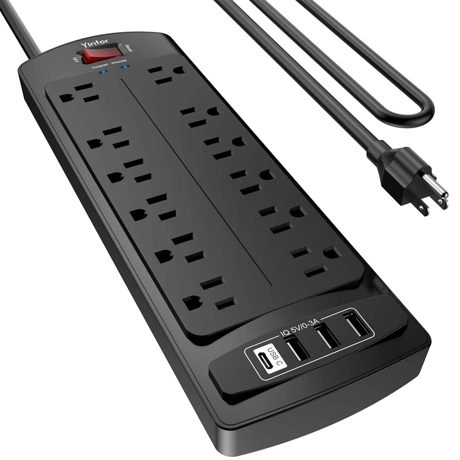 Yintar 10Ft Surge Protector Power Strip with 6 Outlets & 3 USB Ports, Black | 10 Feet Flat Plug Extension Cord with Multiple Outlets for Home, Office, Dorm Essentials, 1680 Joules, ETL Listed