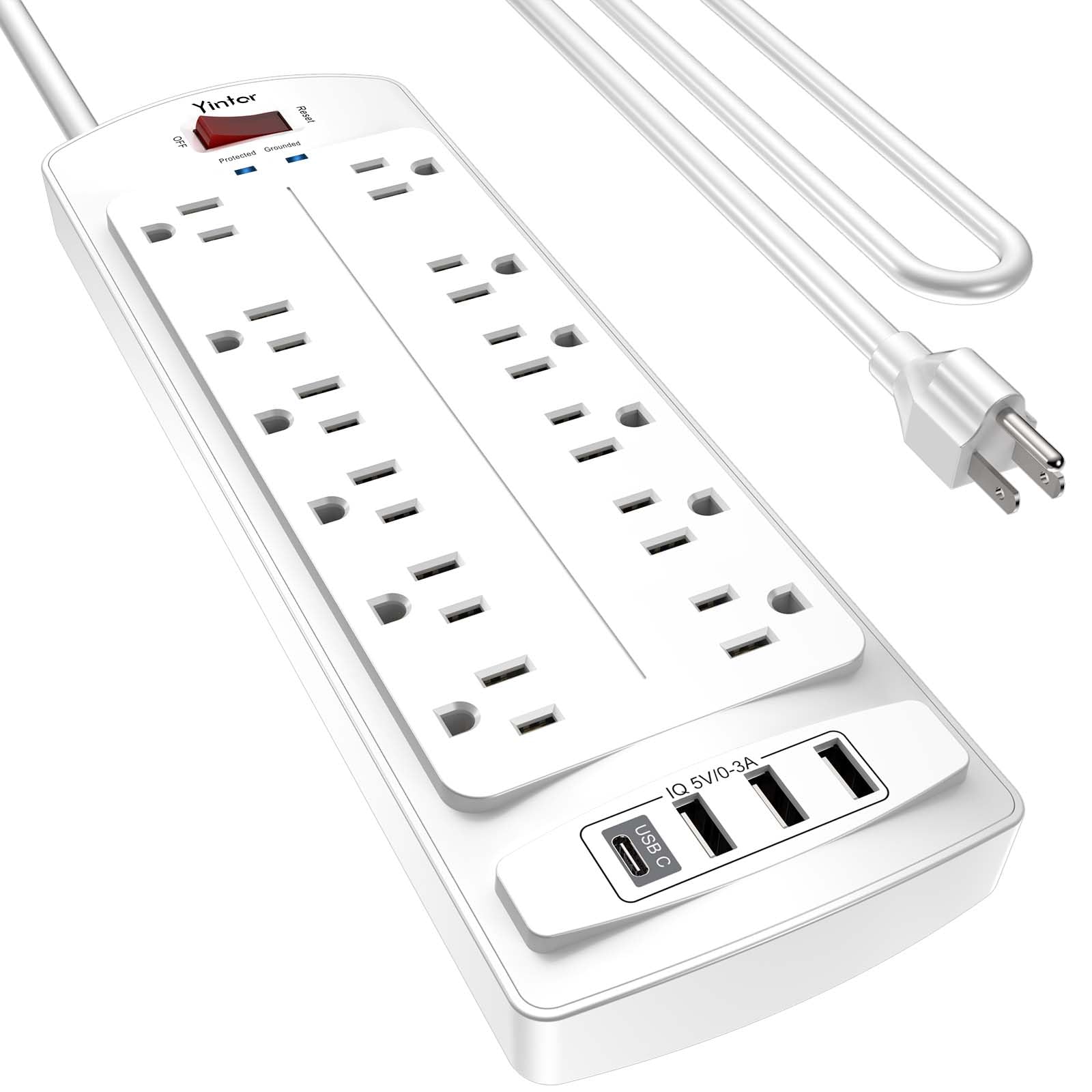 Yintar 10Ft Surge Protector Power Strip with 6 Outlets & 3 USB Ports, Black | 10 Feet Flat Plug Extension Cord with Multiple Outlets for Home, Office, Dorm Essentials, 1680 Joules, ETL Listed