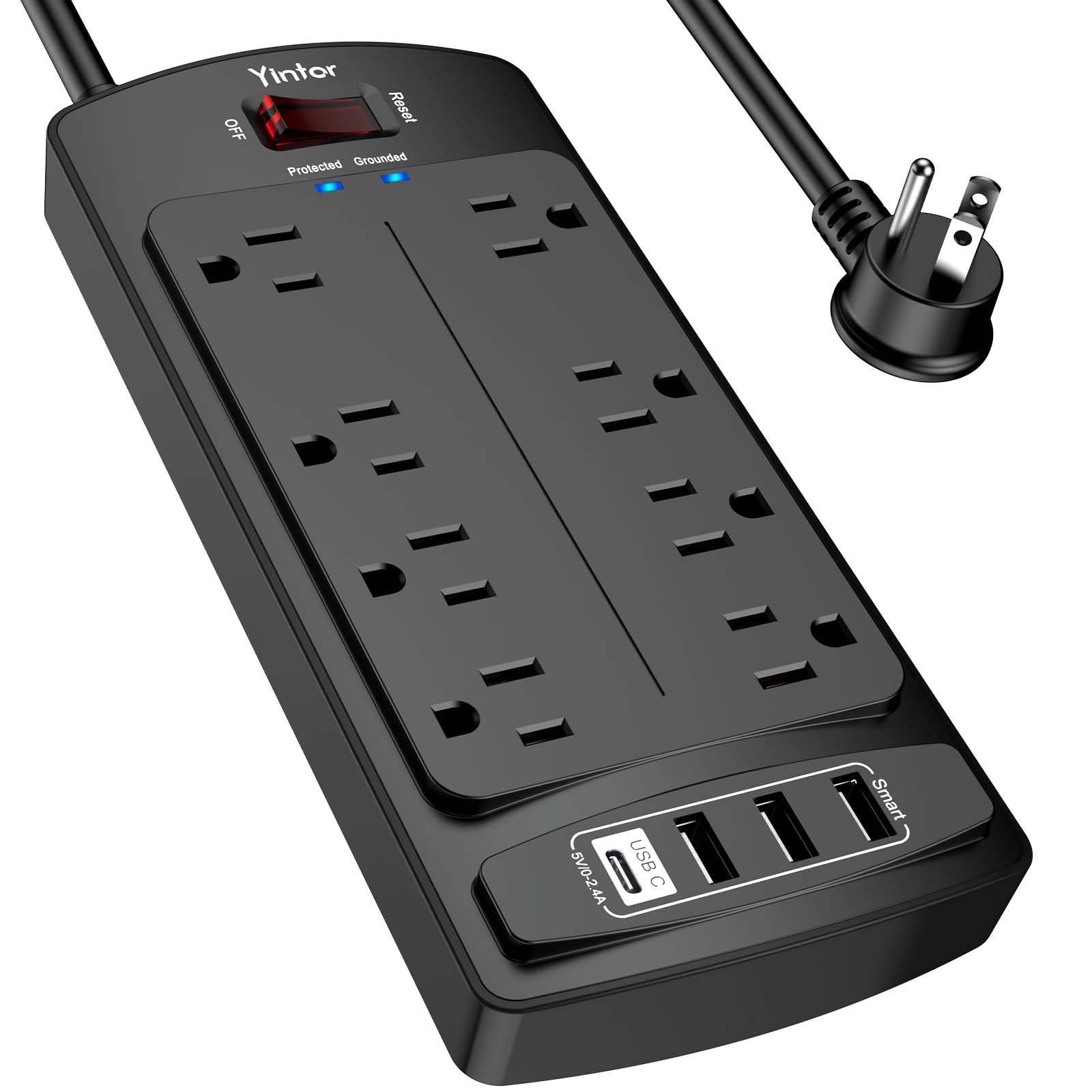 Yintar 10Ft Surge Protector Power Strip with 6 Outlets & 3 USB Ports, Black | 10 Feet Flat Plug Extension Cord with Multiple Outlets for Home, Office, Dorm Essentials, 1680 Joules, ETL Listed