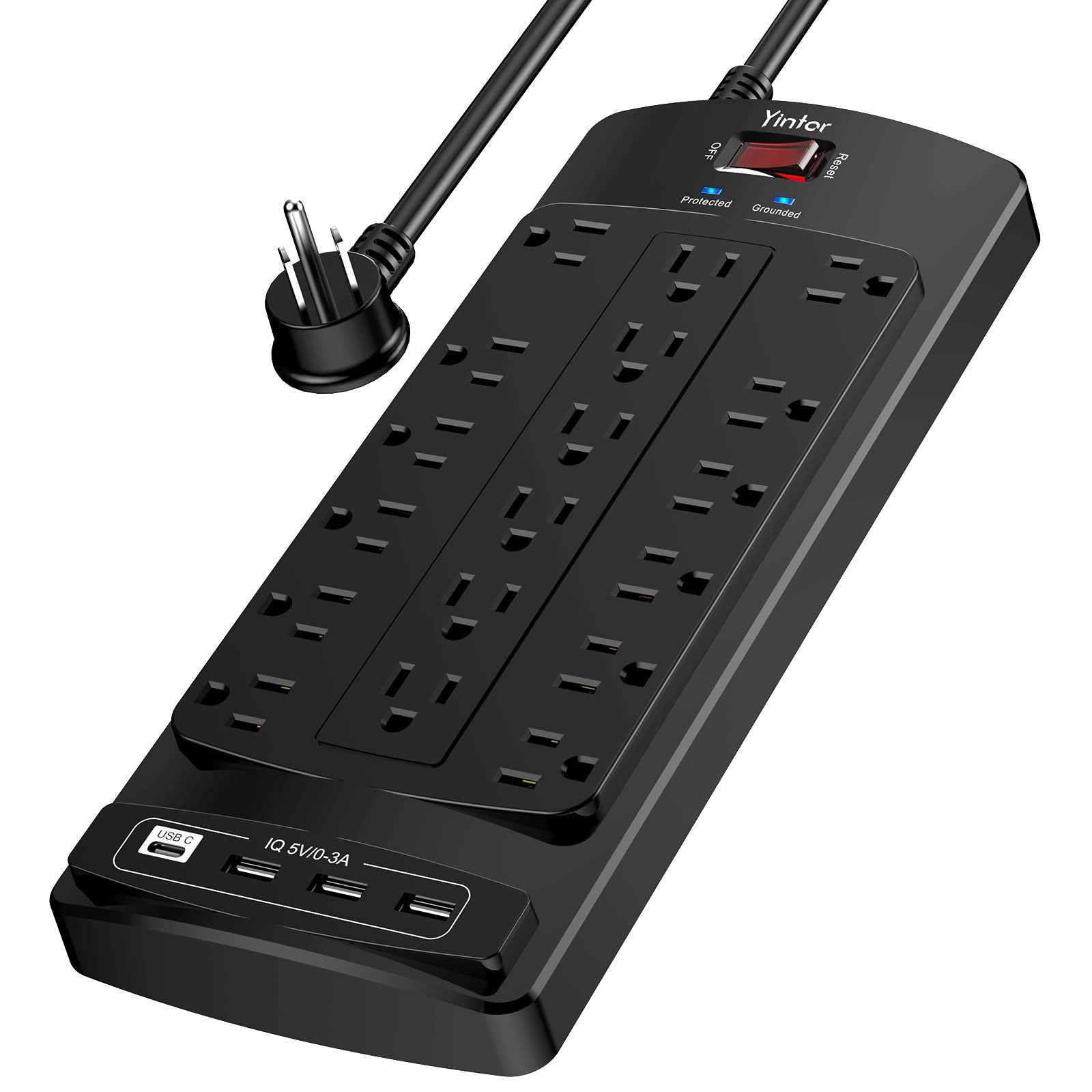 Yintar 10Ft Surge Protector Power Strip with 6 Outlets & 3 USB Ports, Black | 10 Feet Flat Plug Extension Cord with Multiple Outlets for Home, Office, Dorm Essentials, 1680 Joules, ETL Listed