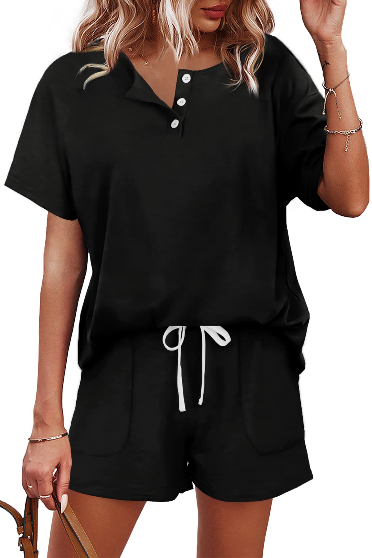 WIHOLL Two Piece Outfits for Women Lounge Sets Button Down Top and Shorts Set Sweatsuits with Pockets