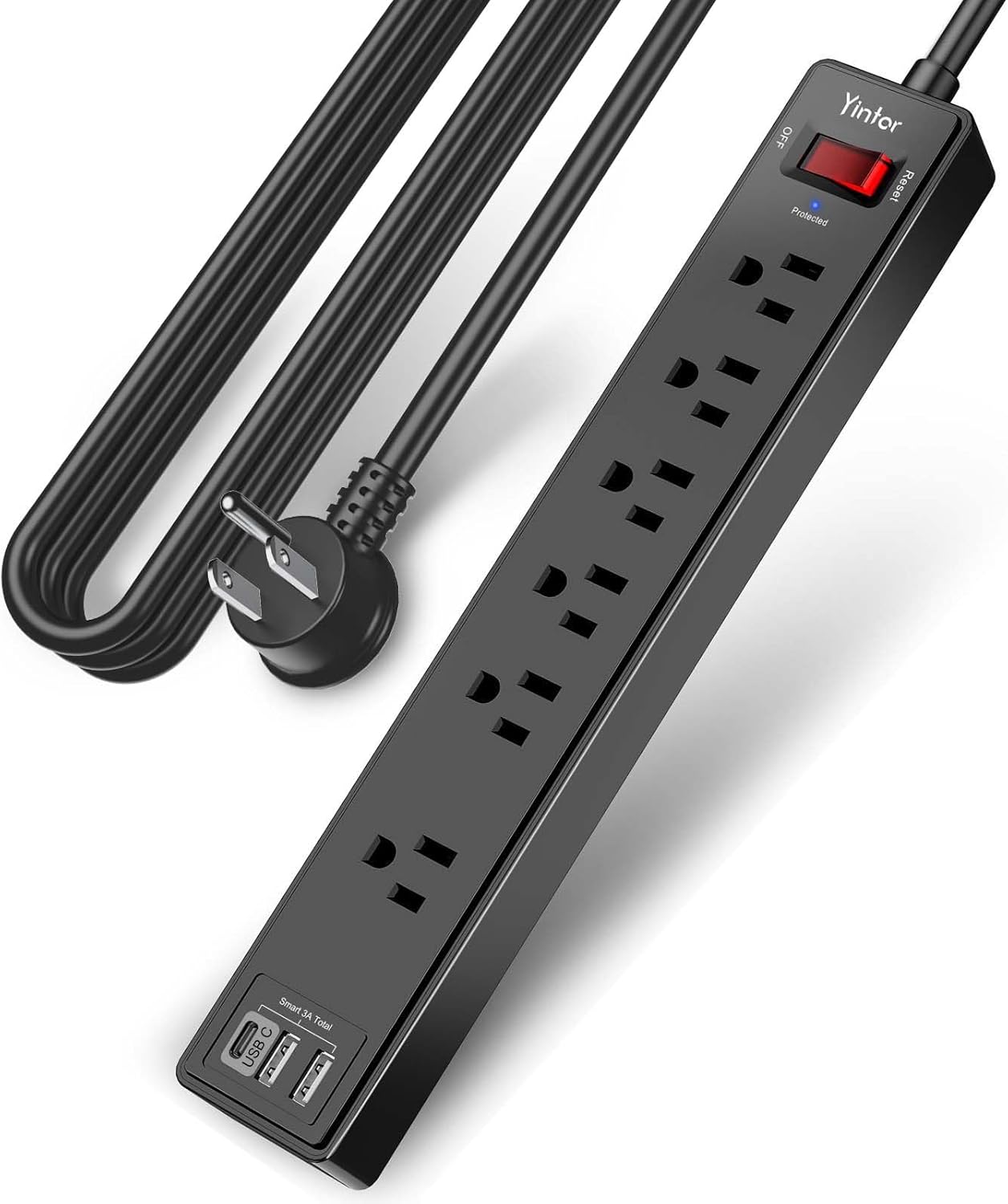 Yintar 10Ft Surge Protector Power Strip with 6 Outlets & 3 USB Ports, Black | 10 Feet Flat Plug Extension Cord with Multiple Outlets for Home, Office, Dorm Essentials, 1680 Joules, ETL Listed