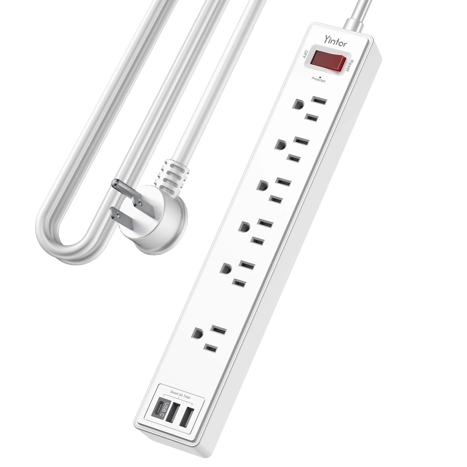 Yintar 10Ft Surge Protector Power Strip with 6 Outlets & 3 USB Ports, Black | 10 Feet Flat Plug Extension Cord with Multiple Outlets for Home, Office, Dorm Essentials, 1680 Joules, ETL Listed