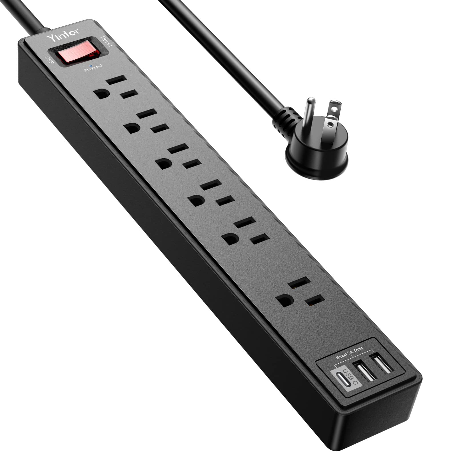 Yintar 10Ft Surge Protector Power Strip with 6 Outlets & 3 USB Ports, Black | 10 Feet Flat Plug Extension Cord with Multiple Outlets for Home, Office, Dorm Essentials, 1680 Joules, ETL Listed