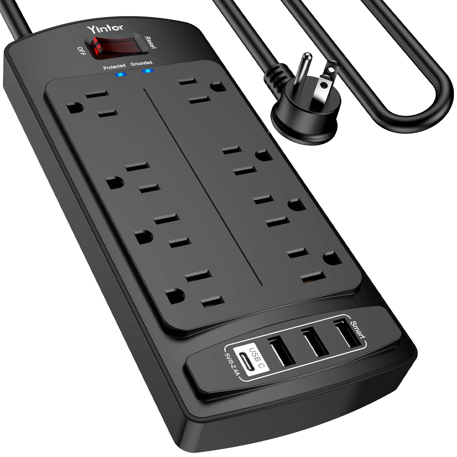 Yintar 10Ft Surge Protector Power Strip with 6 Outlets & 3 USB Ports, Black | 10 Feet Flat Plug Extension Cord with Multiple Outlets for Home, Office, Dorm Essentials, 1680 Joules, ETL Listed