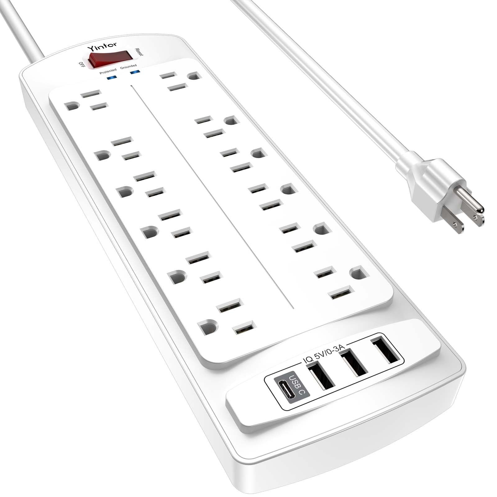 Yintar 10Ft Surge Protector Power Strip with 6 Outlets & 3 USB Ports, Black | 10 Feet Flat Plug Extension Cord with Multiple Outlets for Home, Office, Dorm Essentials, 1680 Joules, ETL Listed