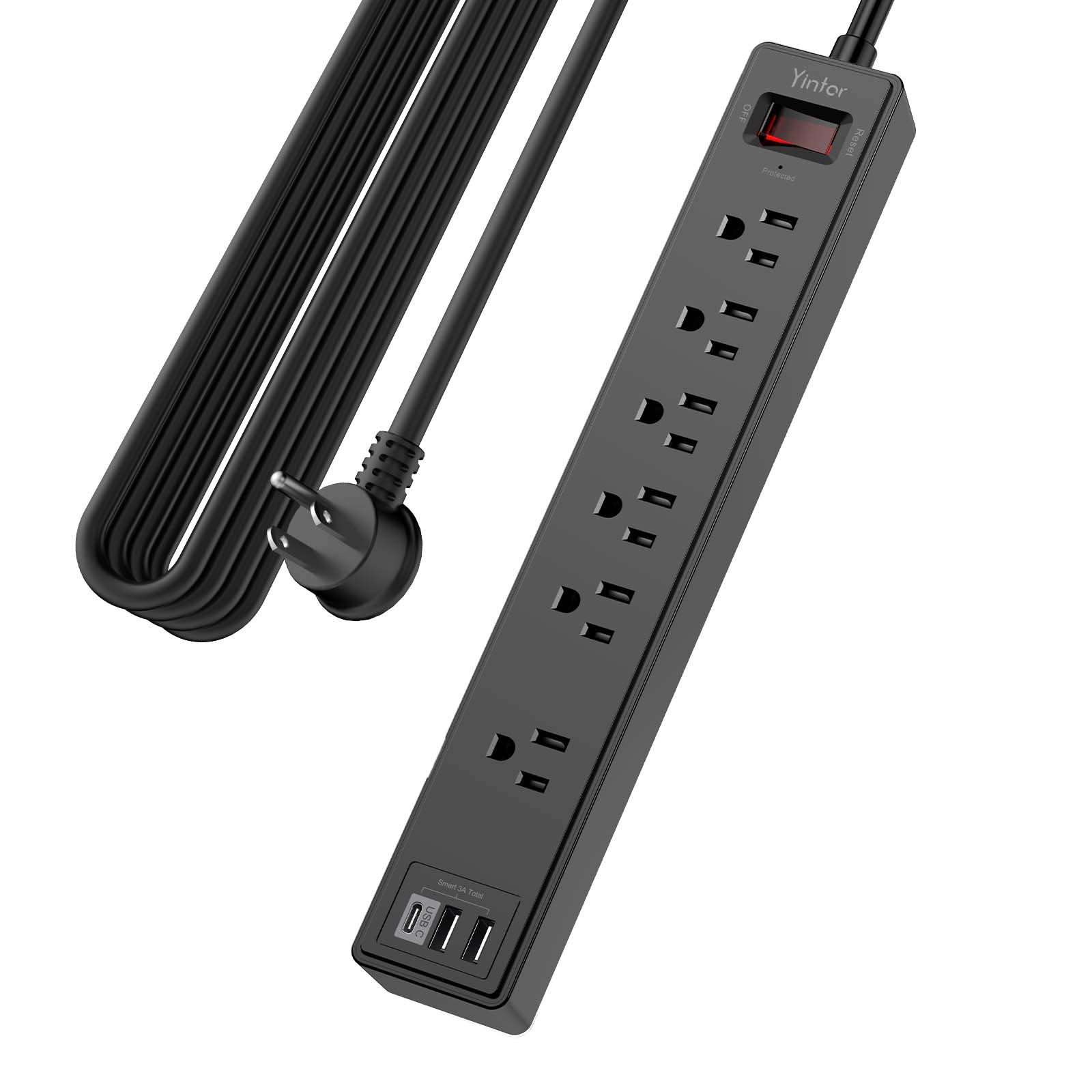 Yintar 10Ft Surge Protector Power Strip with 6 Outlets & 3 USB Ports, Black | 10 Feet Flat Plug Extension Cord with Multiple Outlets for Home, Office, Dorm Essentials, 1680 Joules, ETL Listed