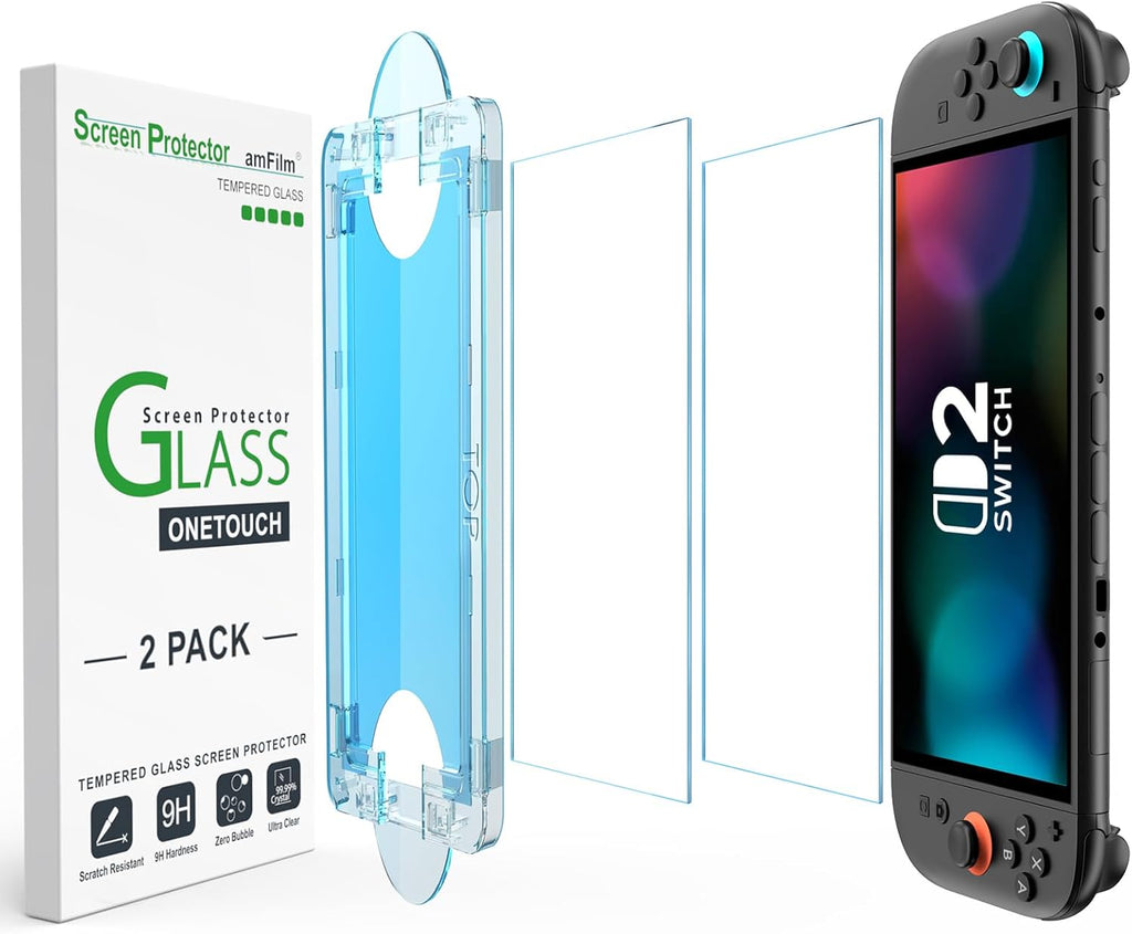 amFilm Auto-Alignment OneTouch for Nintendo Switch 2 Screen Protector 2025 | Tempered Glass Accessories, 30s Install, Bubble Free, Scratch & Drop Resistant, Touch Sensitive, 7.9'' Transparent [2 Pack]