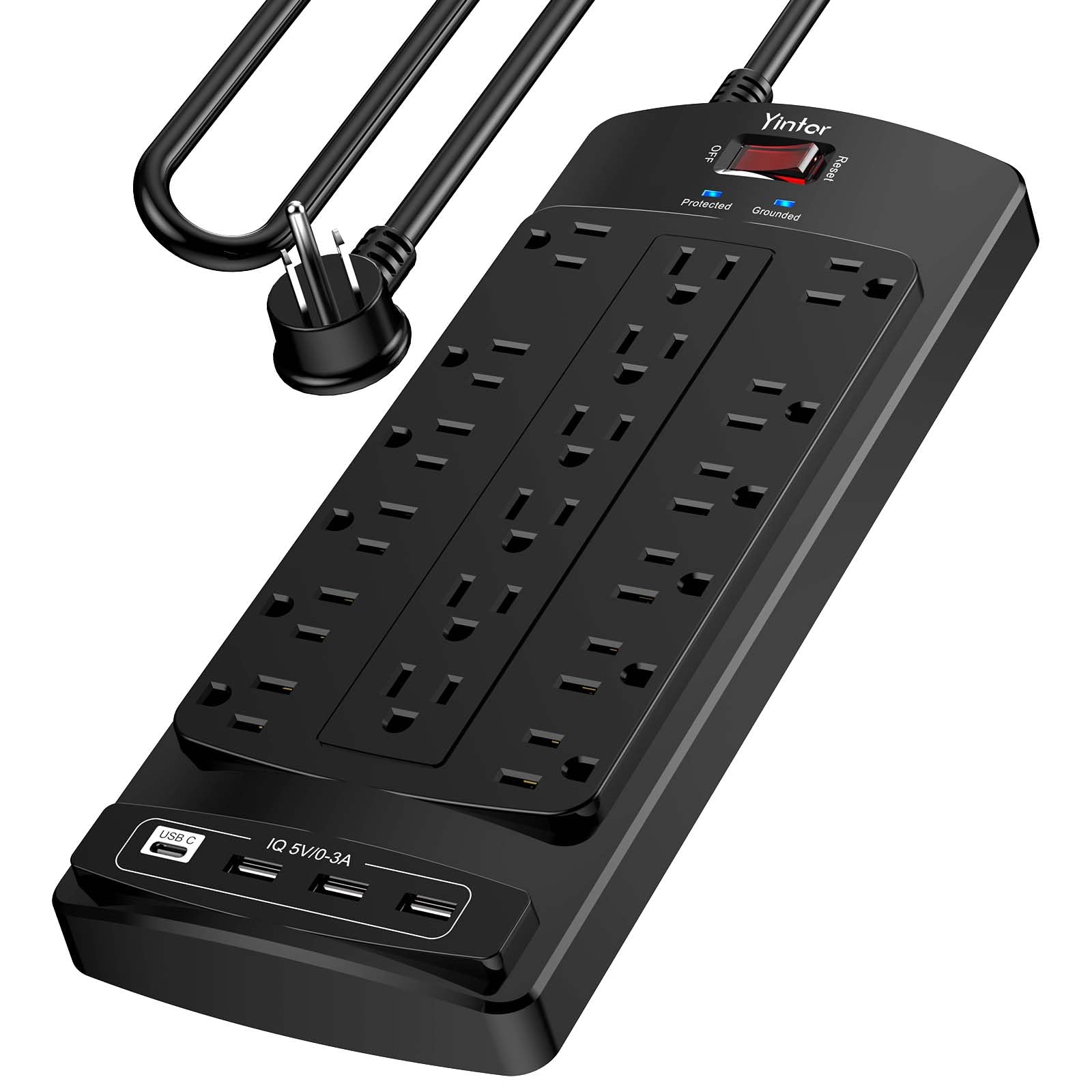 Yintar 10Ft Surge Protector Power Strip with 6 Outlets & 3 USB Ports, Black | 10 Feet Flat Plug Extension Cord with Multiple Outlets for Home, Office, Dorm Essentials, 1680 Joules, ETL Listed