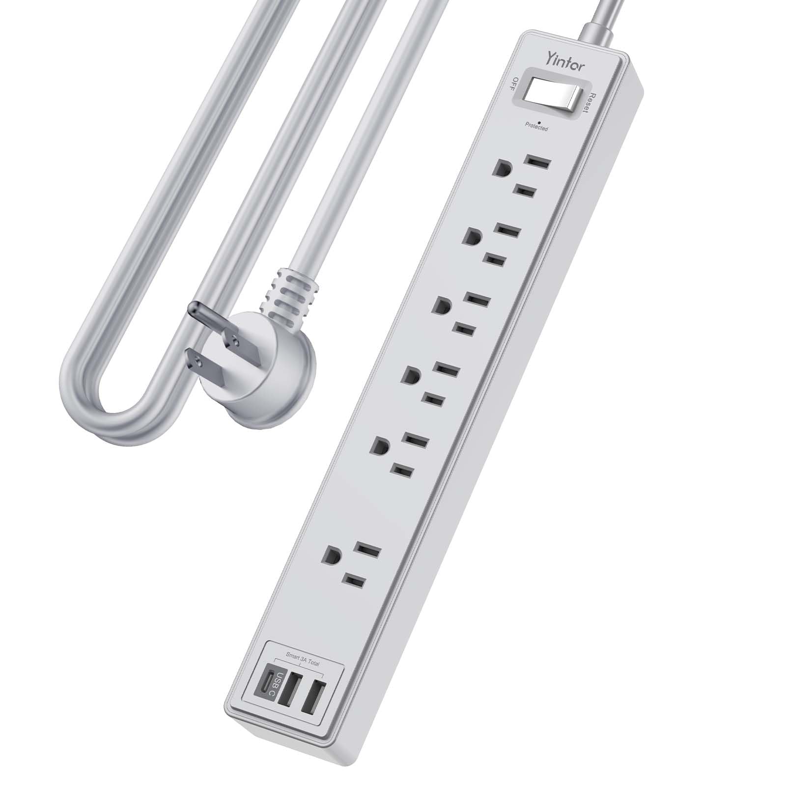 Yintar 10Ft Surge Protector Power Strip with 6 Outlets & 3 USB Ports, Black | 10 Feet Flat Plug Extension Cord with Multiple Outlets for Home, Office, Dorm Essentials, 1680 Joules, ETL Listed