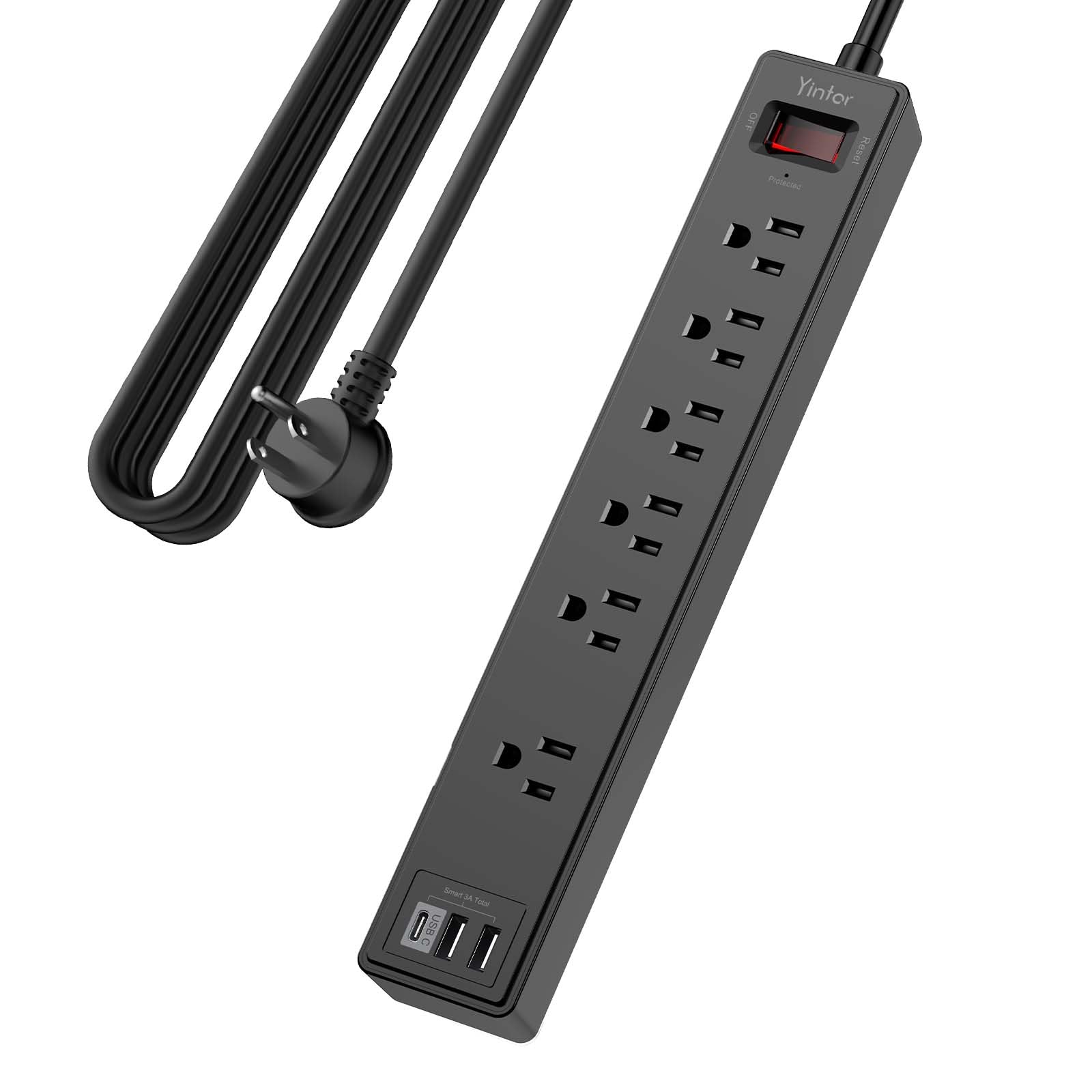 Yintar 10Ft Surge Protector Power Strip with 6 Outlets & 3 USB Ports, Black | 10 Feet Flat Plug Extension Cord with Multiple Outlets for Home, Office, Dorm Essentials, 1680 Joules, ETL Listed