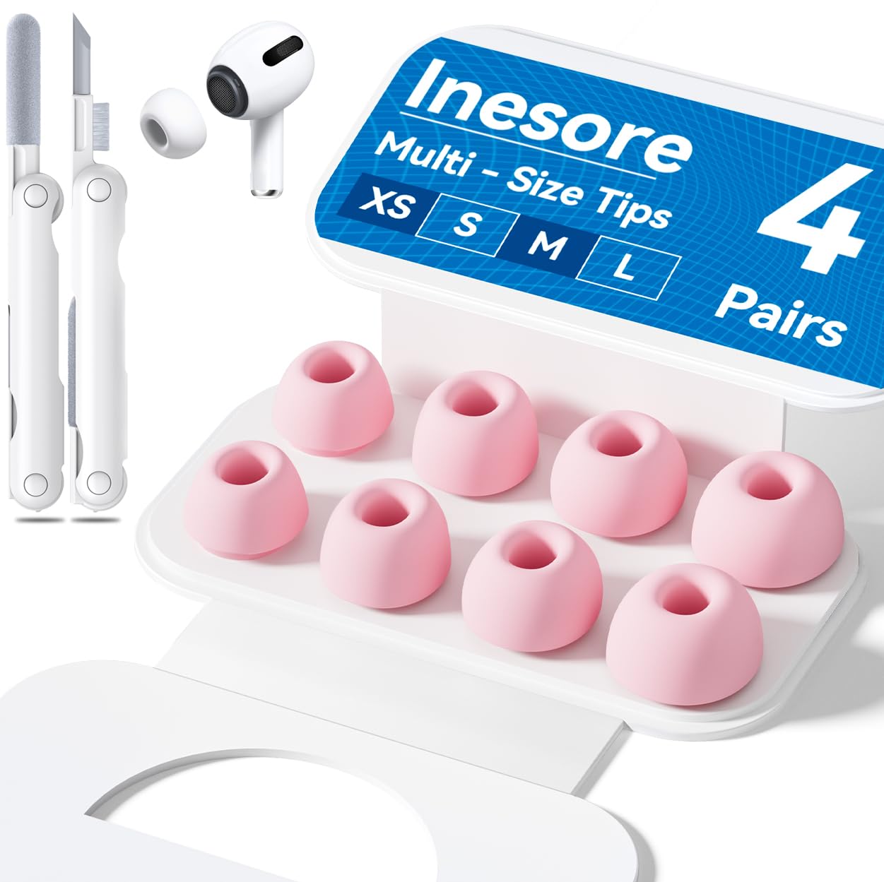Inesore 4 Pairs Replacement Ear Tips for AirPods Pro 2nd/1st (Dark red) | with Noise Reduction Hole & Built-in dust Guard Screen,Silicone,with Portable Storage Box & Cleaner Pen,4 Size (XS/S/M/L)