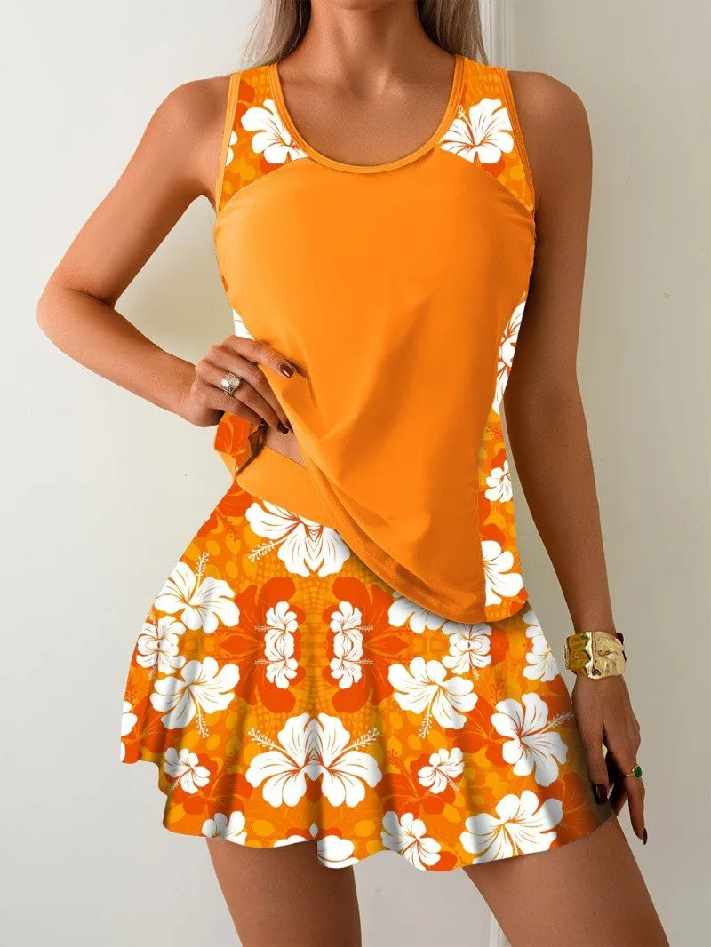 Woman Tankini Floral Print Yellow Tankini Top Sleeveless Ruched Side Tankini Set Mini Skirt Sunflower Pattern Two Piece Swimsuit