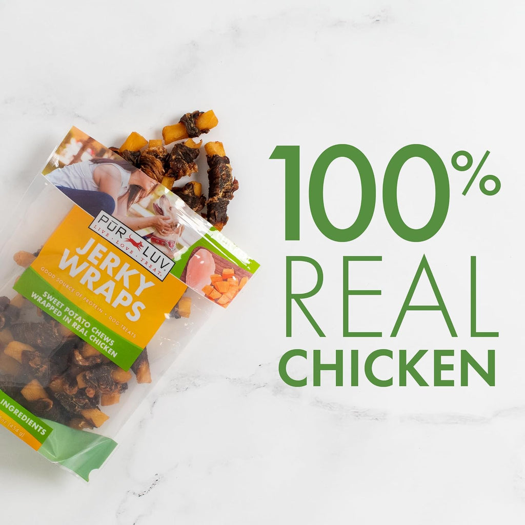 Pur Luv Chicken Wrapped Sweet Potato Dog Treats, Rawhide Free Jerky Wraps, Made with Real Chicken, 16 Oz, Healthy, Easily Digestible, Long Lasting, High Protein Treat, Satisfies Dog's Urge to Chew | Rawhide-free, high-protein jerky wrap: real chicken arou