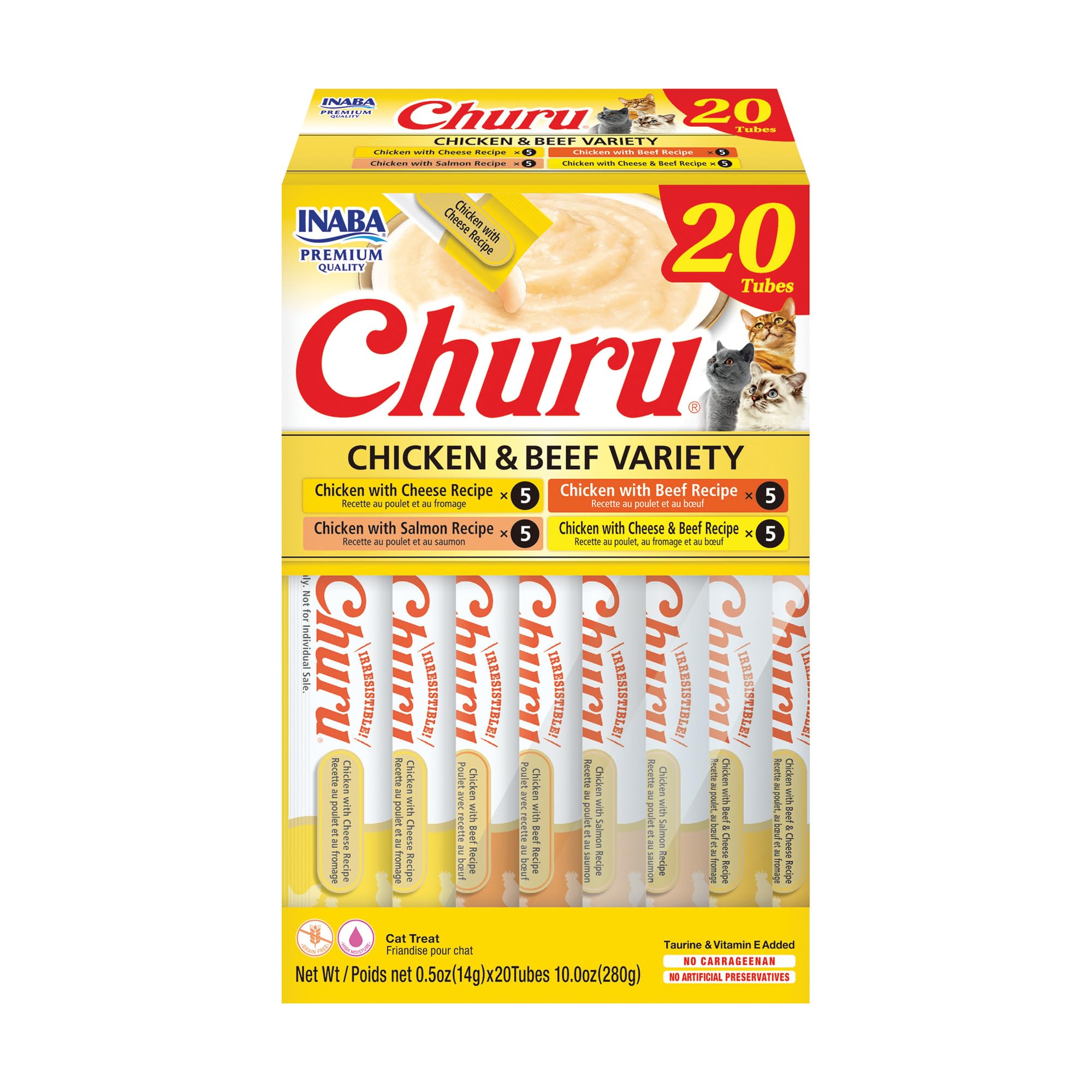 INABA Churu Cat Treats, Lickable, Squeezable Creamy Purée Cat Treat with Green Tea Extract & Taurine, 0.5 Ounces Each Tube, 20 Tubes, Tuna & Seafood Variety Box