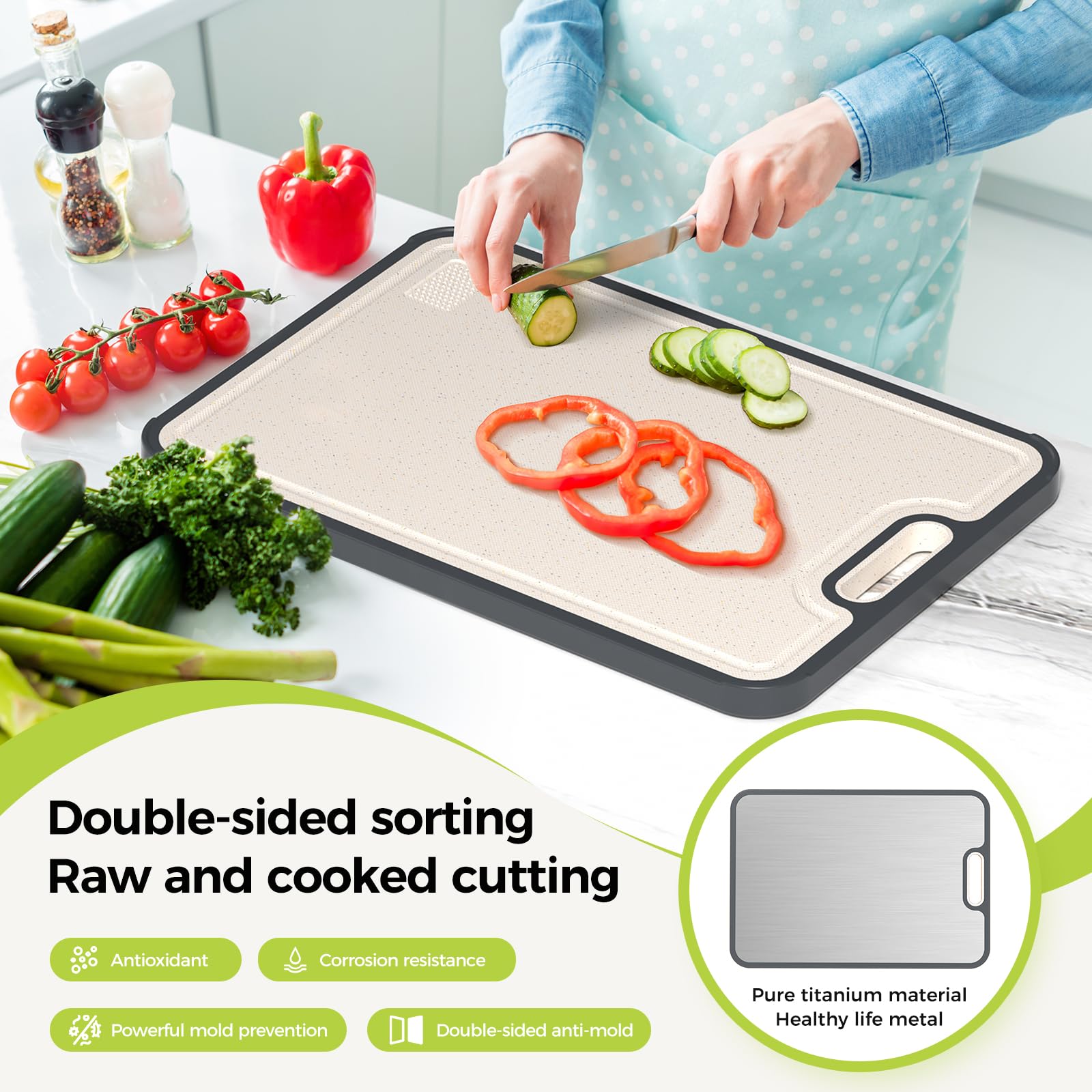 Titanium Cutting Board for Kitchen, Pure Titanium/PP, Size 16”×11” | Food Grade Materials, Separate Prep Surfaces for Raw & Cooked Food, Odor Resistant, Easy to Clean, Durable Kitchen Essential