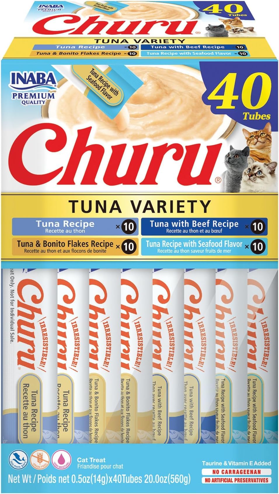 INABA Churu Cat Treats, Lickable, Squeezable Creamy Purée Cat Treat with Green Tea Extract & Taurine, 0.5 Ounces Each Tube, 20 Tubes, Tuna & Seafood Variety Box