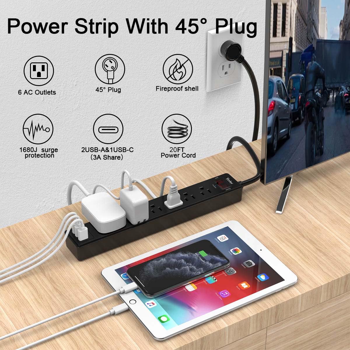 Yintar 10Ft Surge Protector Power Strip with 6 Outlets & 3 USB Ports, Black | 10 Feet Flat Plug Extension Cord with Multiple Outlets for Home, Office, Dorm Essentials, 1680 Joules, ETL Listed