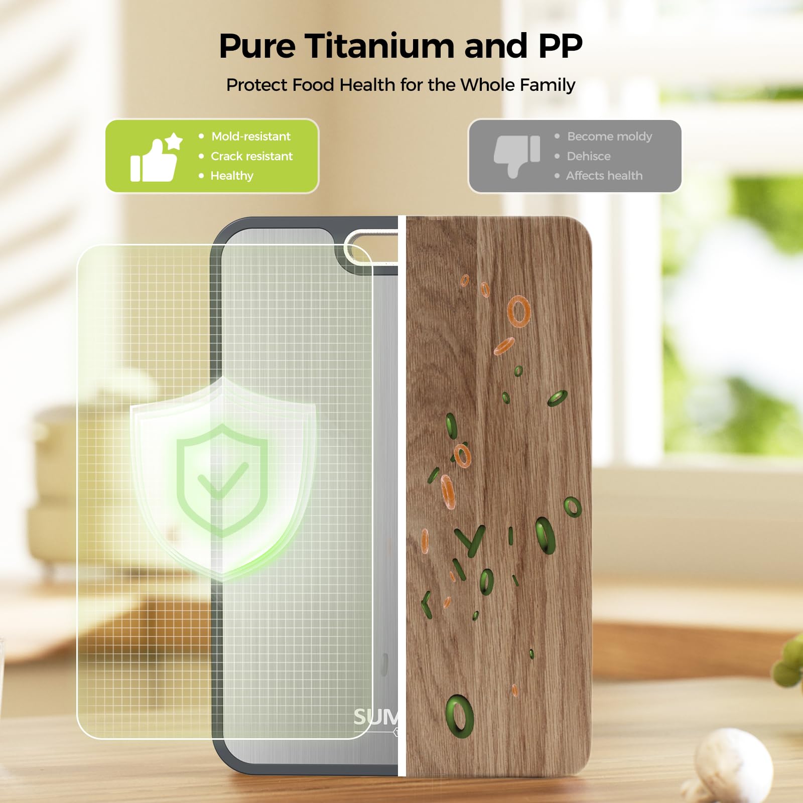 Titanium Cutting Board for Kitchen, Pure Titanium/PP, Size 16”×11” | Food Grade Materials, Separate Prep Surfaces for Raw & Cooked Food, Odor Resistant, Easy to Clean, Durable Kitchen Essential