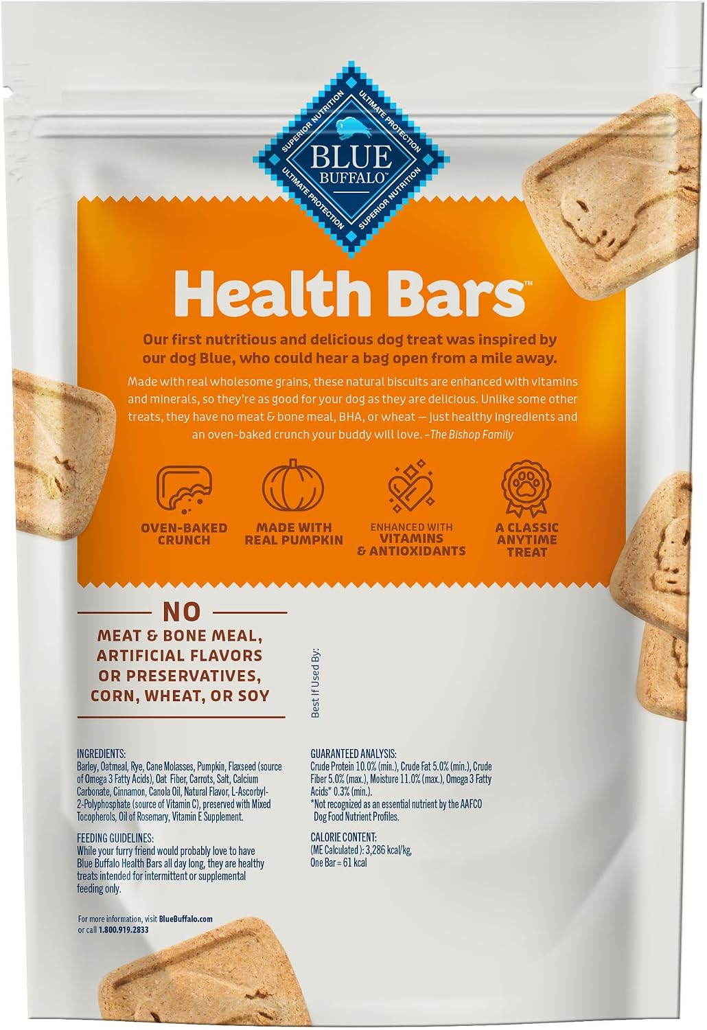 Blue Buffalo Health Bars Pumpkin & Cinnamon Dog Biscuits, 16 oz | Oven-Baked, Crunchy Texture, No Chicken By-Product, Corn, Wheat, or Soy