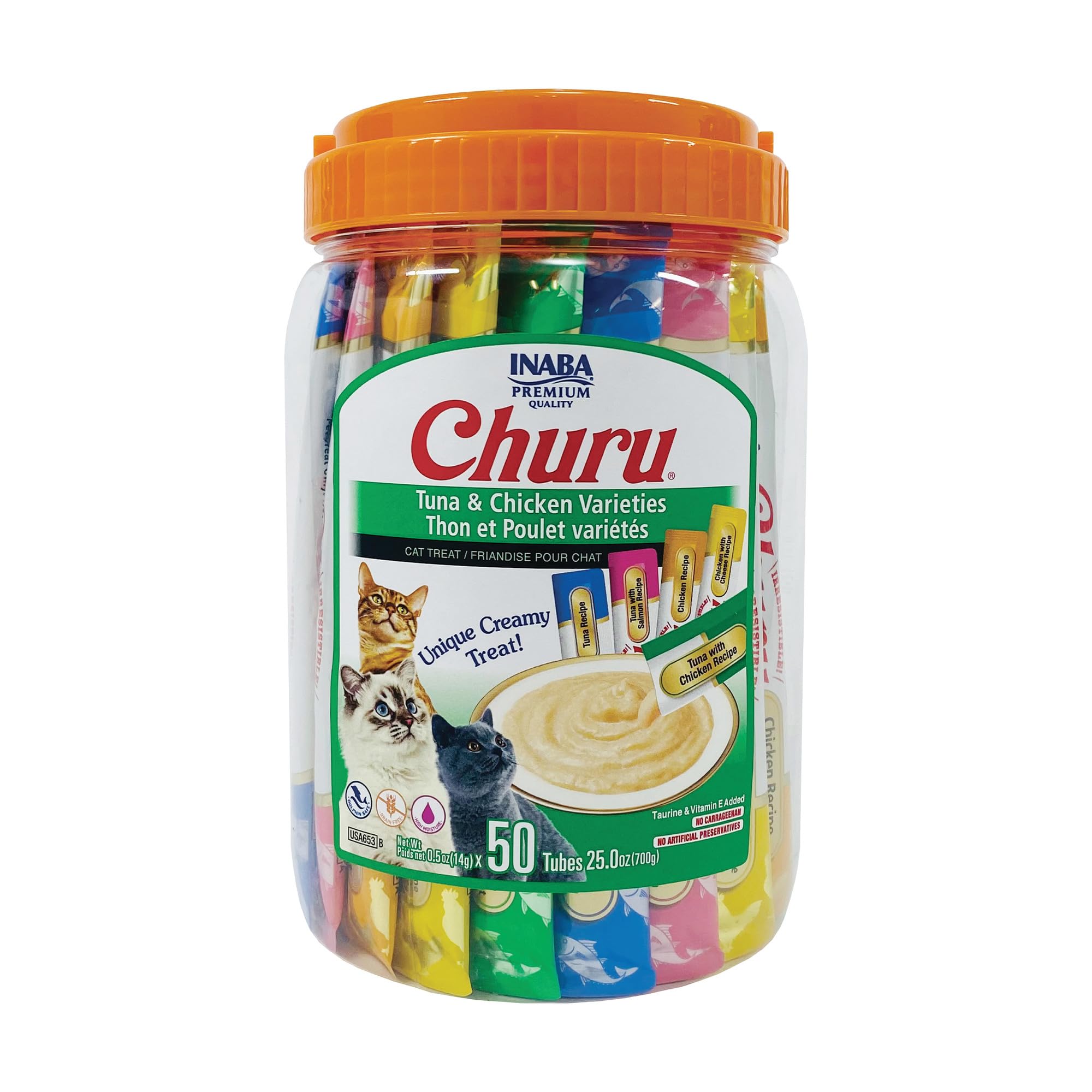 INABA Churu Cat Treats, Lickable, Squeezable Creamy Purée Cat Treat with Green Tea Extract & Taurine, 0.5 Ounces Each Tube, 20 Tubes, Tuna & Seafood Variety Box