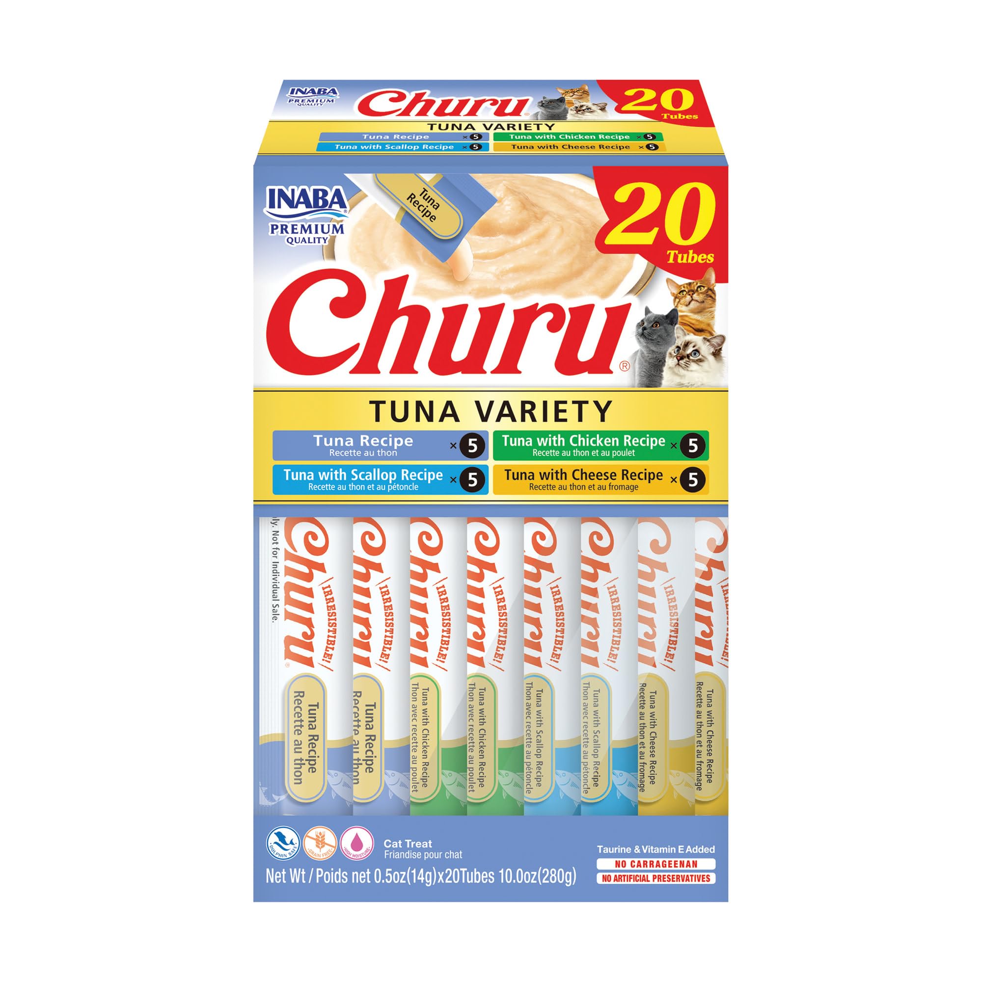 INABA Churu Cat Treats, Lickable, Squeezable Creamy Purée Cat Treat with Green Tea Extract & Taurine, 0.5 Ounces Each Tube, 20 Tubes, Tuna & Seafood Variety Box