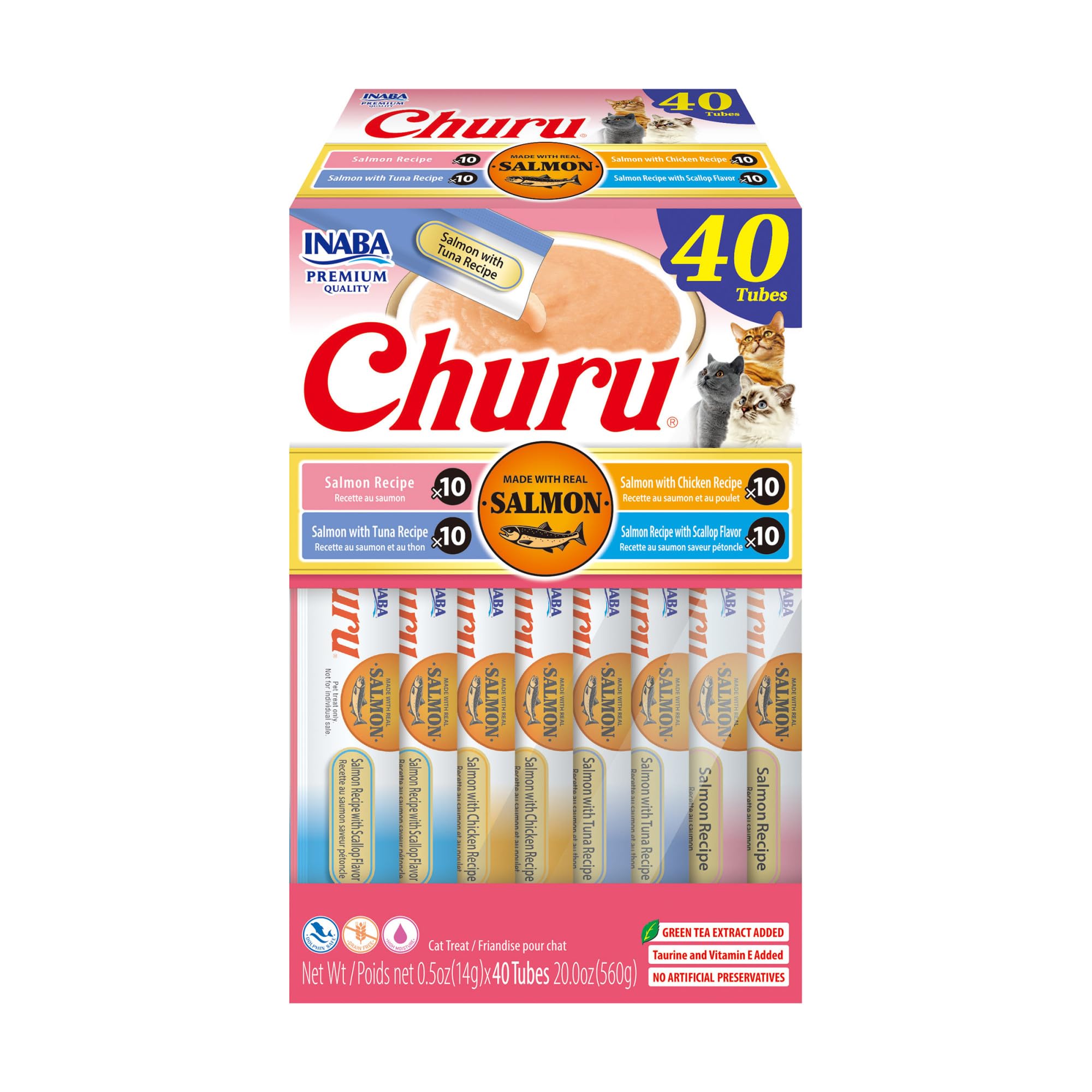 INABA Churu Cat Treats, Lickable, Squeezable Creamy Purée Cat Treat with Green Tea Extract & Taurine, 0.5 Ounces Each Tube, 20 Tubes, Tuna & Seafood Variety Box