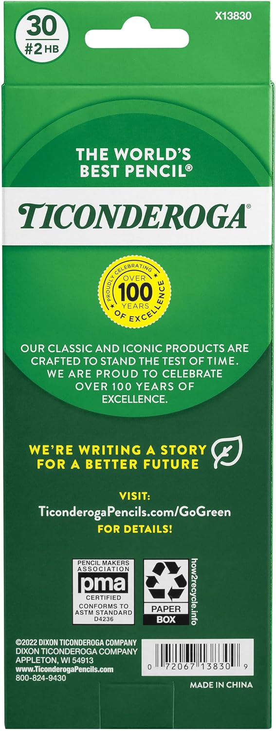Ticonderoga Wood-Cased Pencils, Pre-Sharpened | #2 HB Soft, Yellow, 30 Count, Standard Size, High Quality Eraser