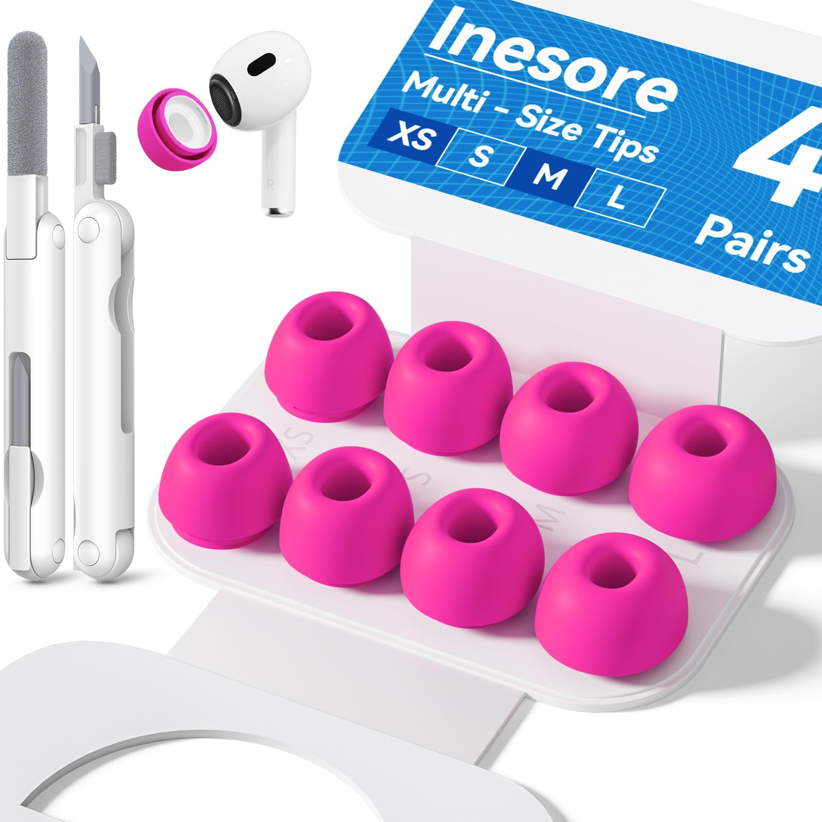 Inesore 4 Pairs Replacement Ear Tips for AirPods Pro 2nd/1st (Dark red) | with Noise Reduction Hole & Built-in dust Guard Screen,Silicone,with Portable Storage Box & Cleaner Pen,4 Size (XS/S/M/L)