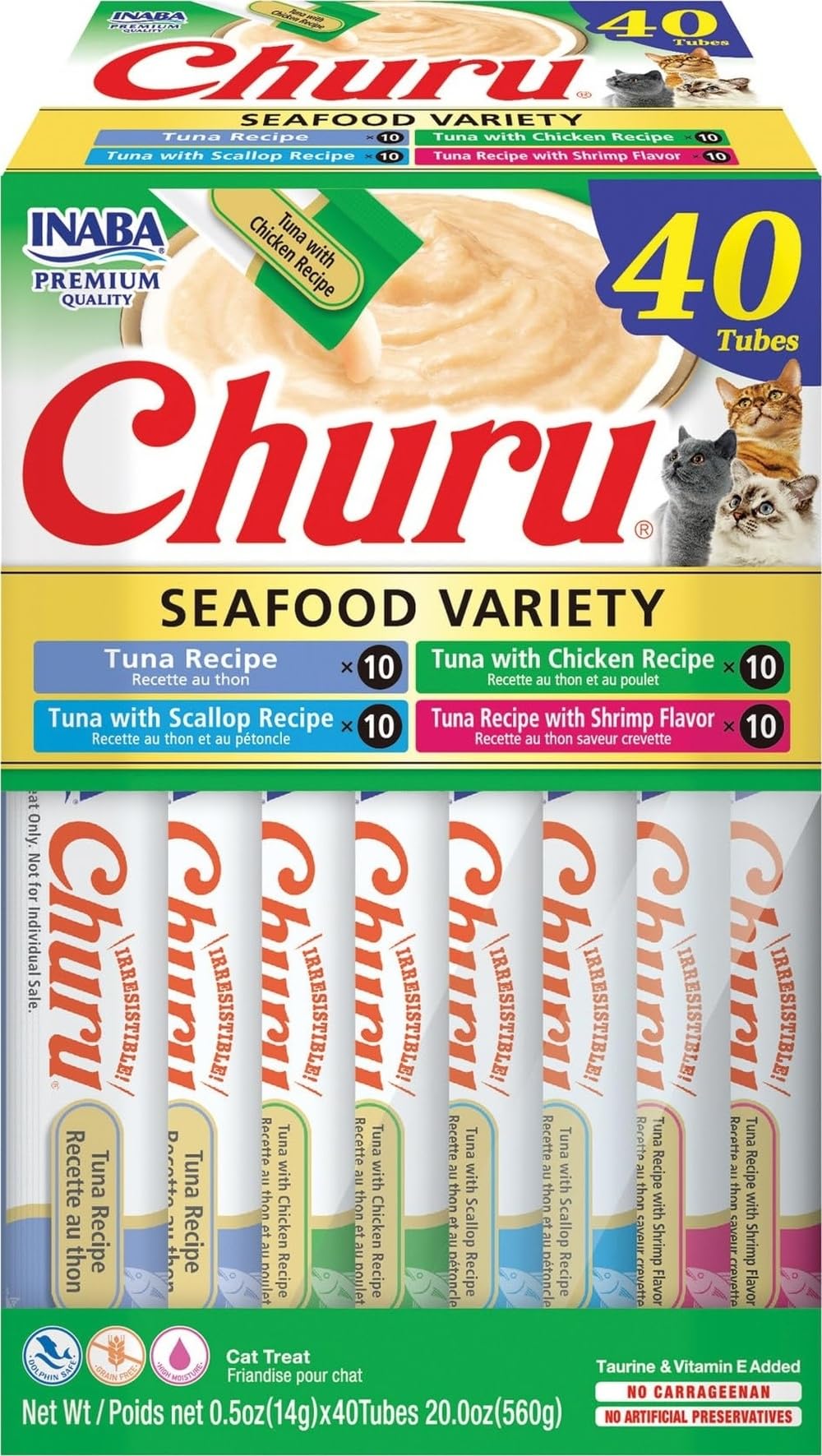 INABA Churu Cat Treats, Lickable, Squeezable Creamy Purée Cat Treat with Green Tea Extract & Taurine, 0.5 Ounces Each Tube, 20 Tubes, Tuna & Seafood Variety Box