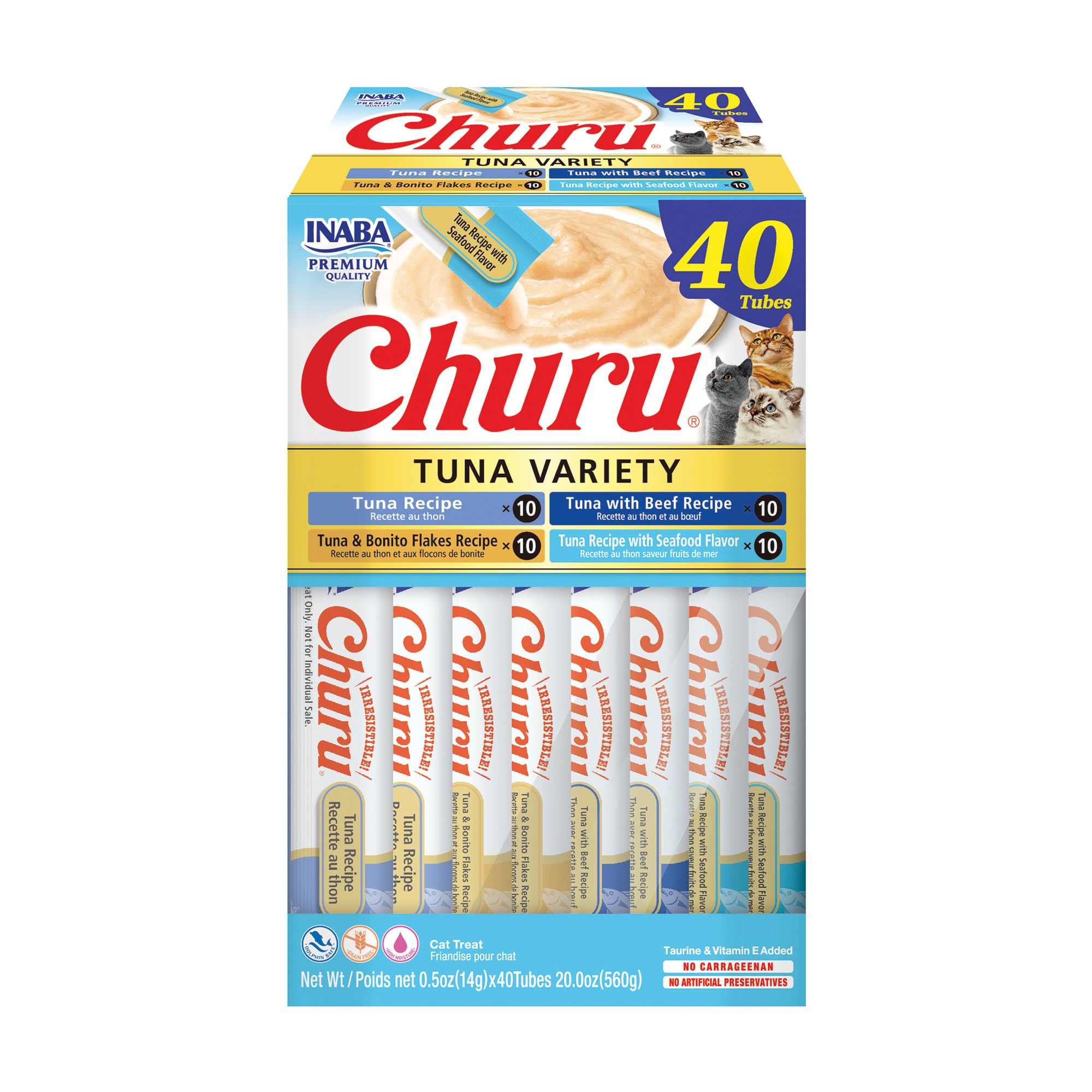 INABA Churu Cat Treats, Lickable, Squeezable Creamy Purée Cat Treat with Green Tea Extract & Taurine, 0.5 Ounces Each Tube, 20 Tubes, Tuna & Seafood Variety Box